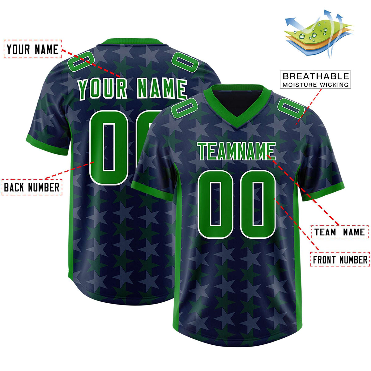 Custom Navy Kelly Green Personalized All Star Graffiti Pattern Authentic Football Jersey