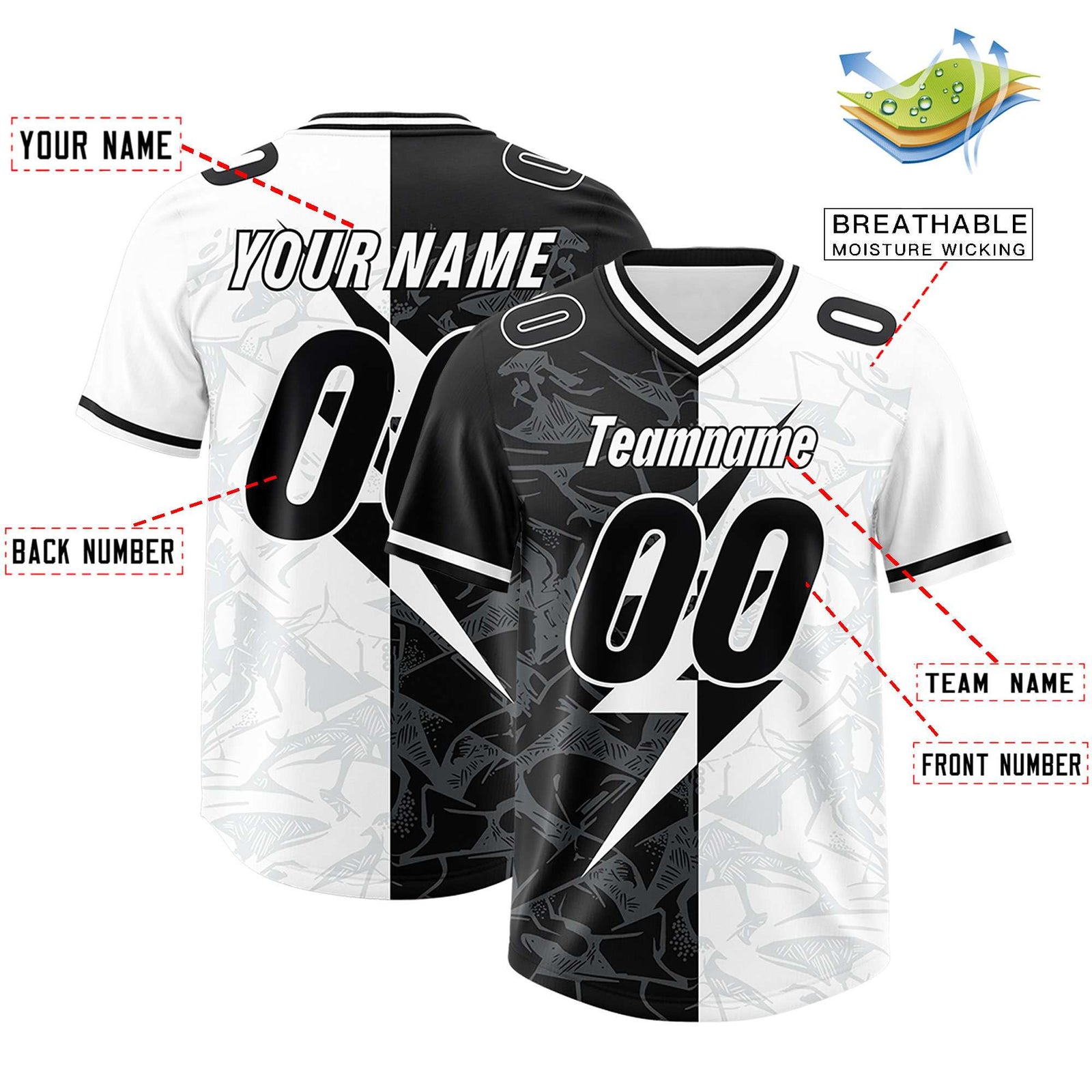 Custom White Black Split Personalized Lightning Pattern Football Jersey