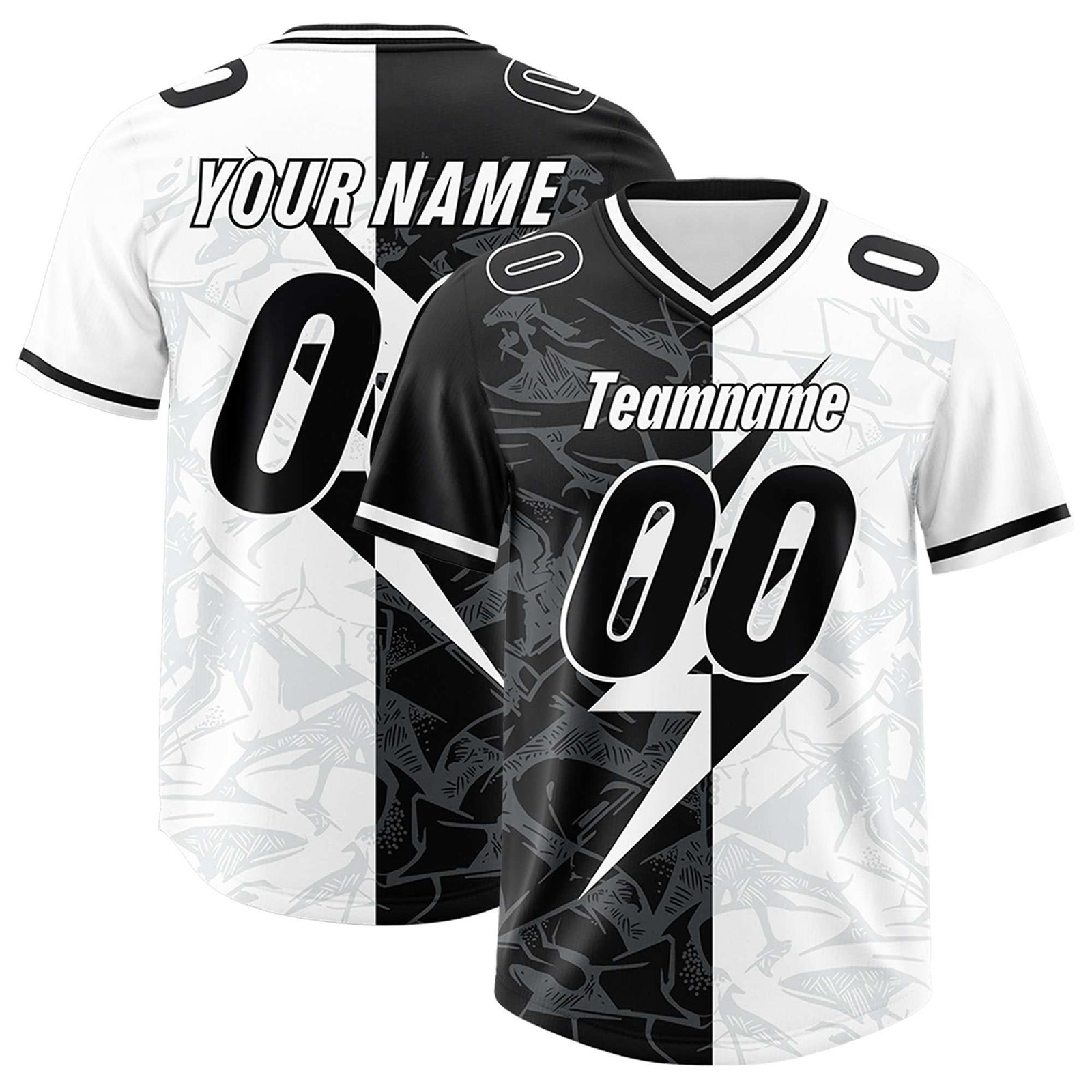 Custom White Black Split Personalized Lightning Pattern Football Jersey