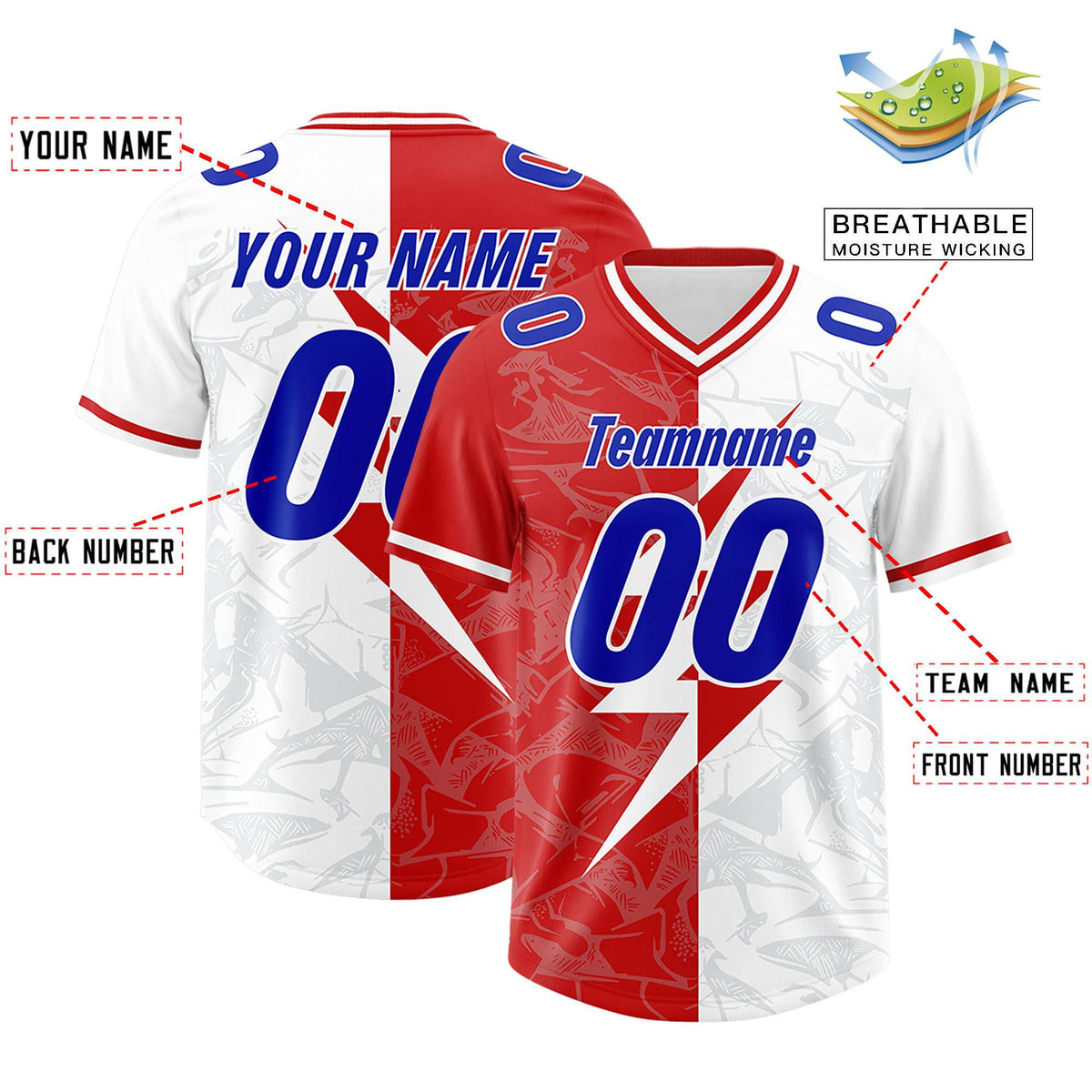 Custom White Red Split Personalized Lightning Pattern Football Jersey