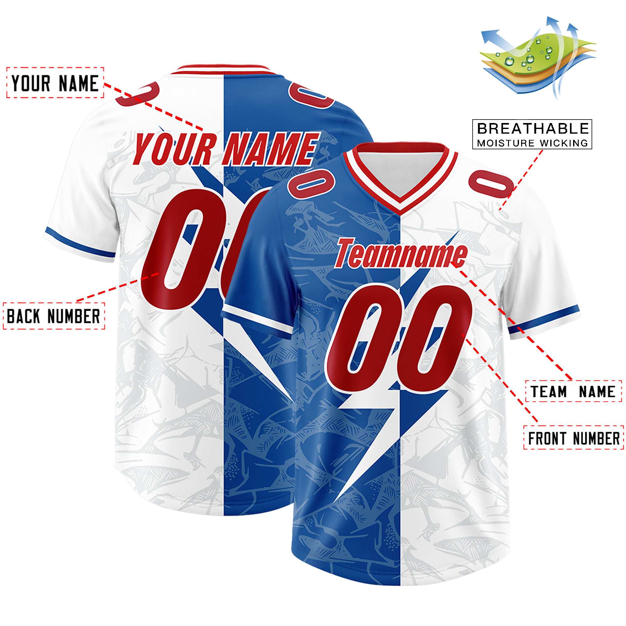 Custom White Royal Split Personalized Lightning Pattern Football Jersey