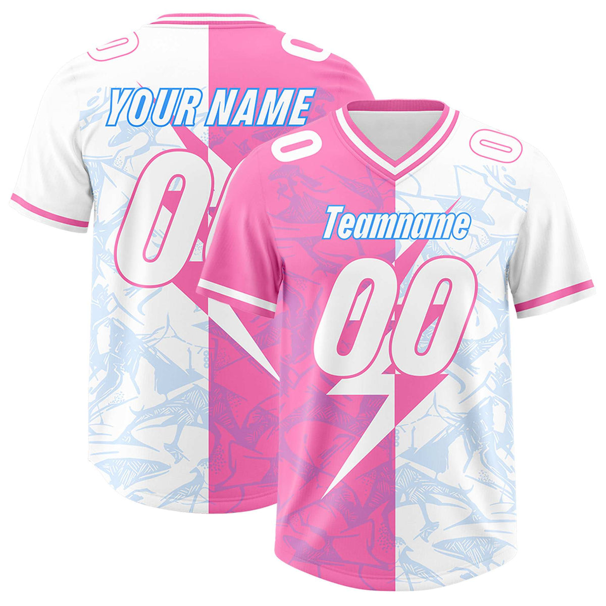 Custom White Pink Split Personalized Lightning Pattern Football Jersey