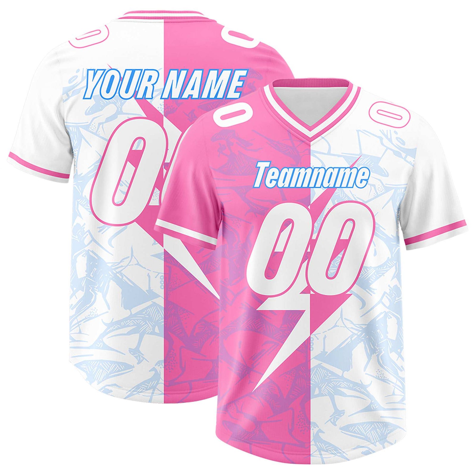 Custom White Pink Split Personalized Lightning Pattern Football Jersey