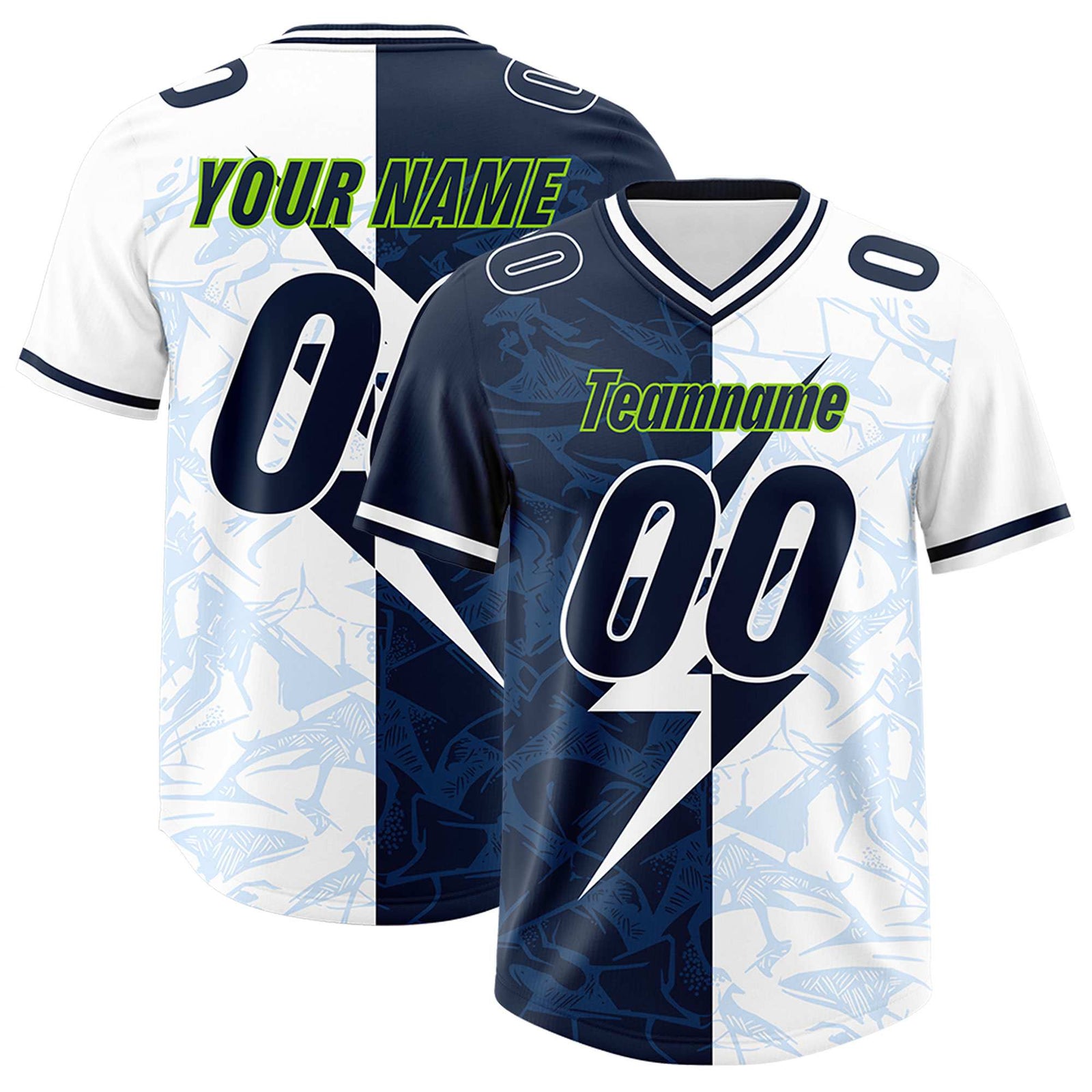 Custom White Navy Split Personalized Lightning Pattern Football Jersey