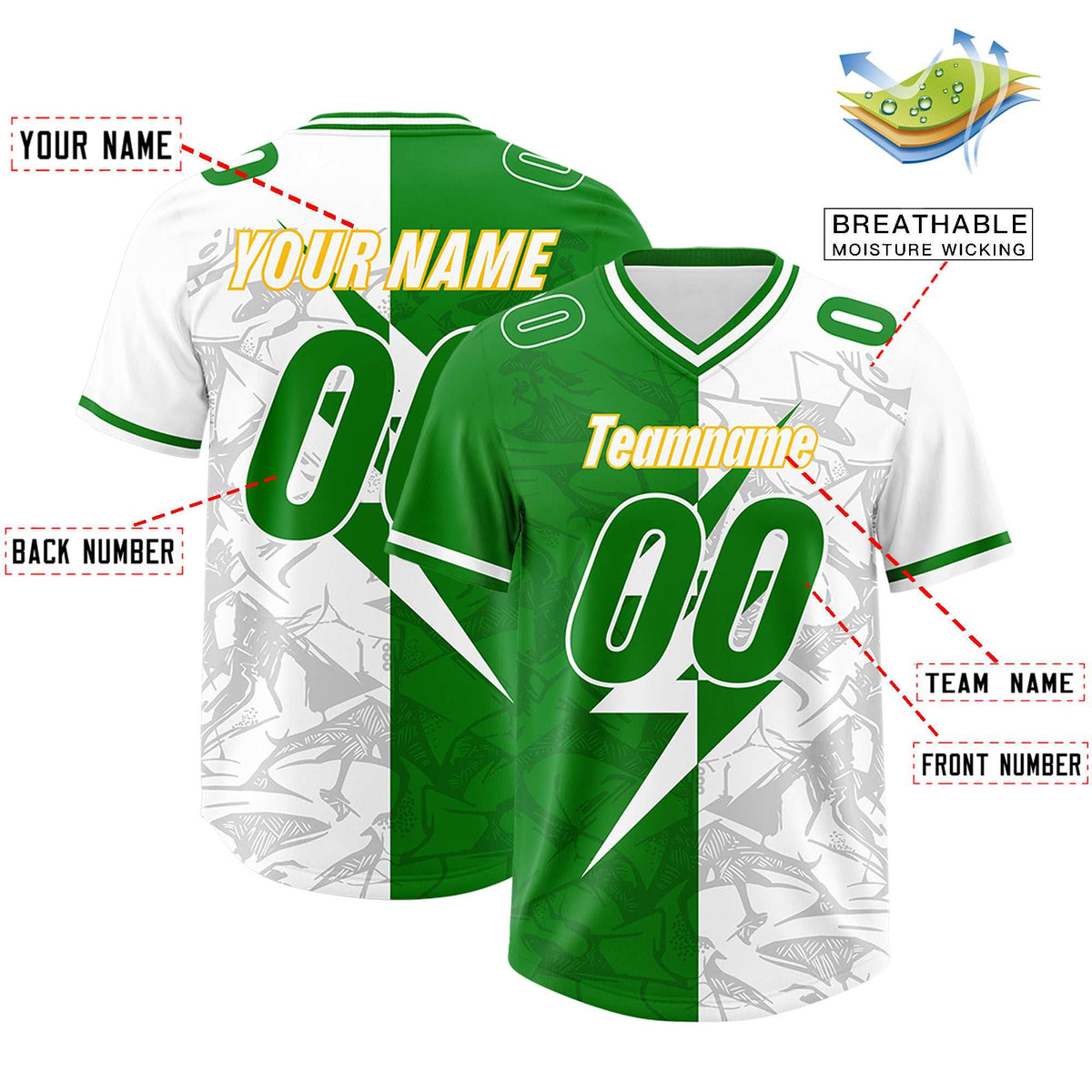 Custom Kelly Green White Split Personalized Lightning Pattern Football Jersey