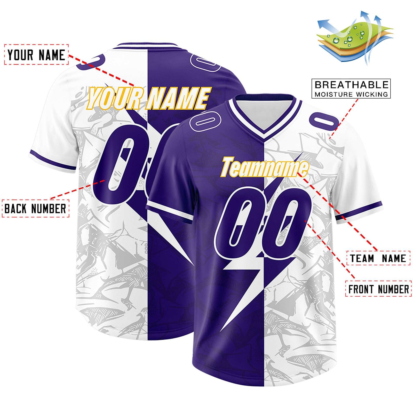 Custom Purple White Split Personalized Lightning Pattern Football Jersey