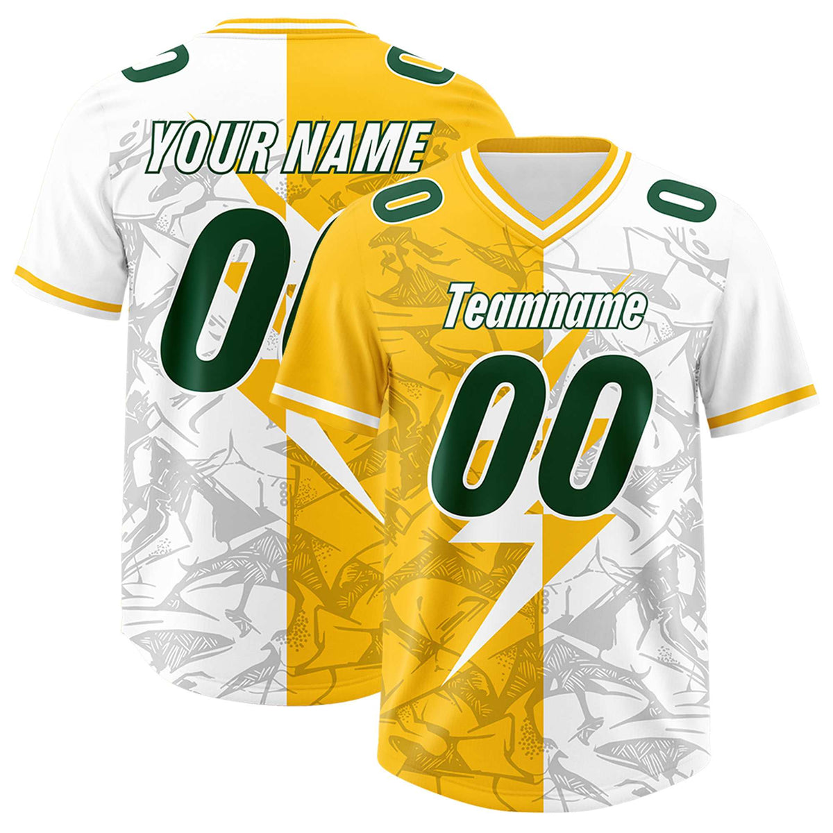 Custom Yellow White Split Personalized Lightning Pattern Football Jersey