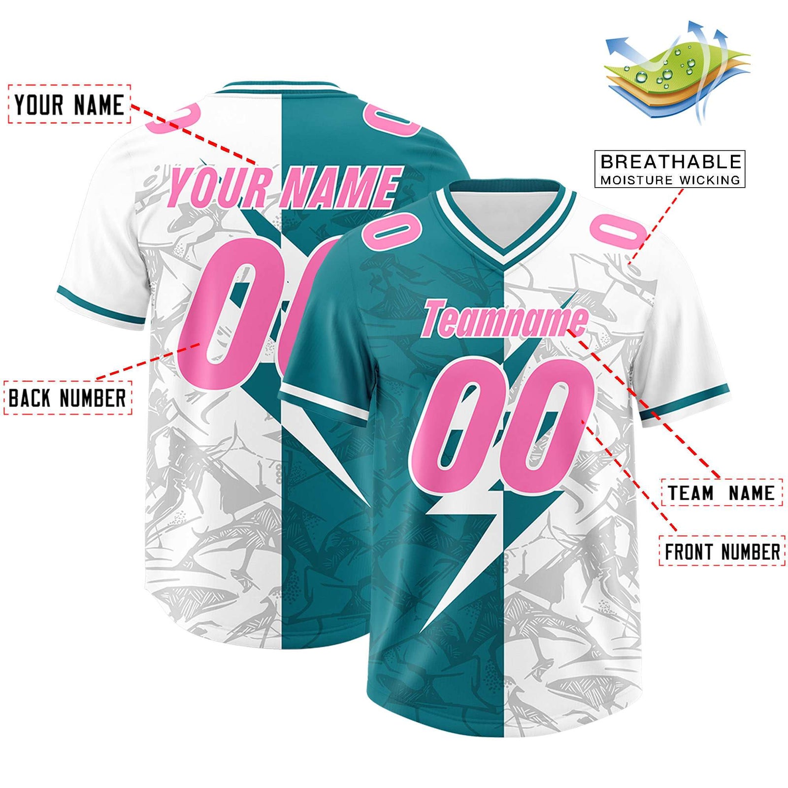 Custom Aqua White Split Personalized Lightning Pattern Football Jersey