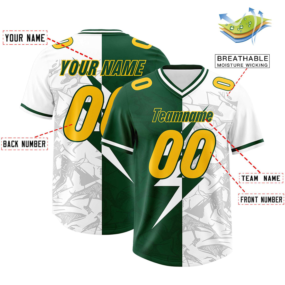 Custom Green White Split Personalized Lightning Pattern Football Jersey