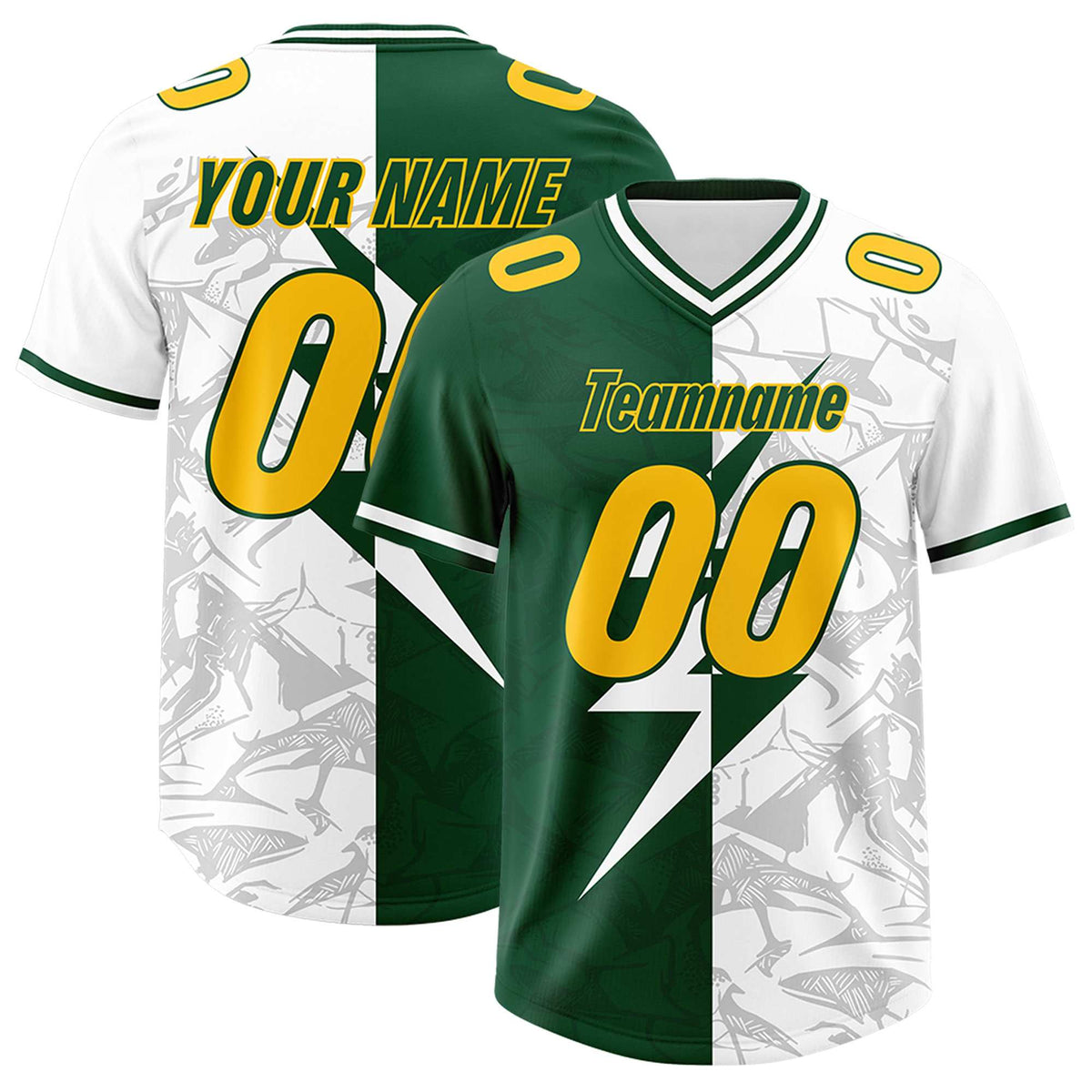 Custom Green White Split Personalized Lightning Pattern Football Jersey