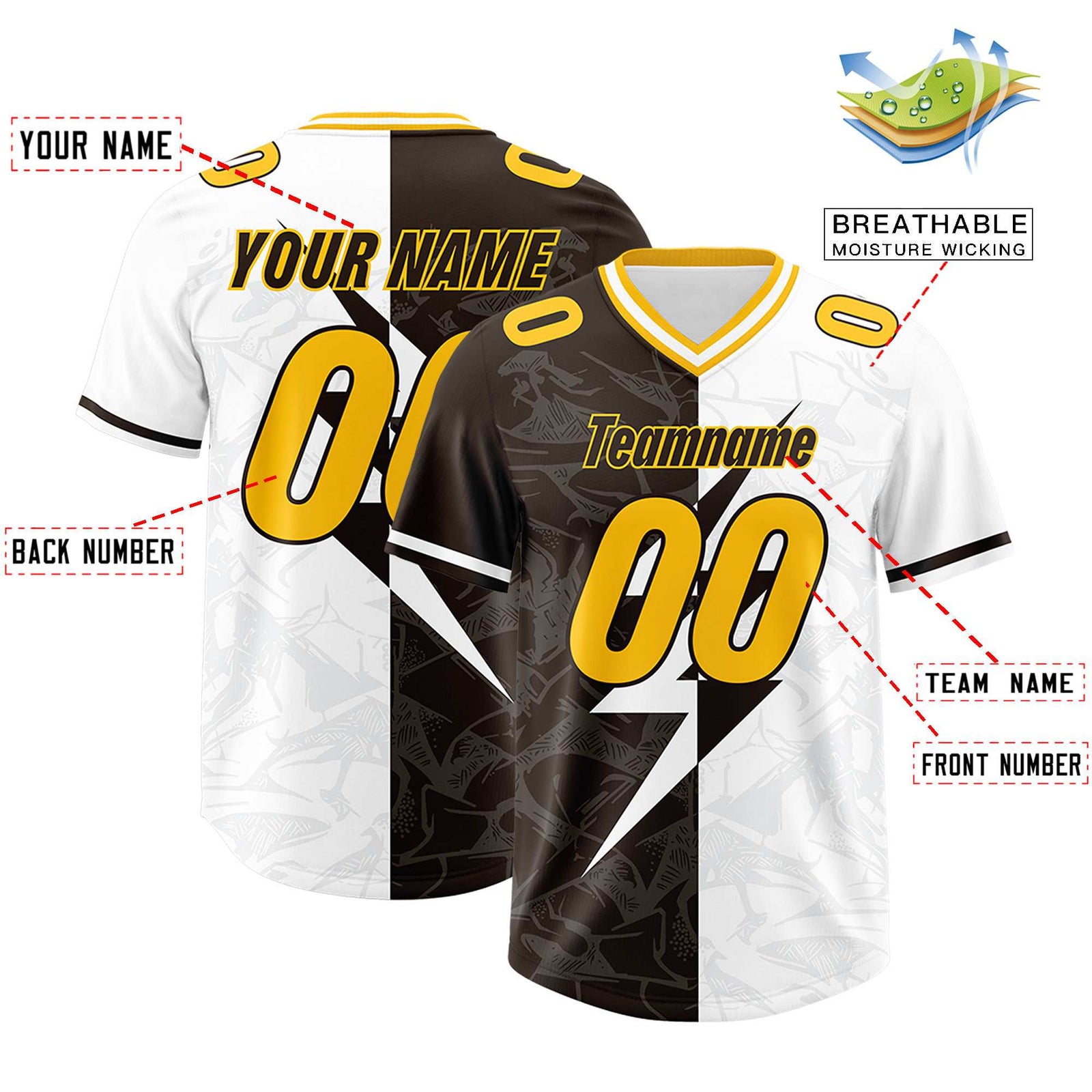 Custom Brown White Split Personalized Lightning Pattern Football Jersey