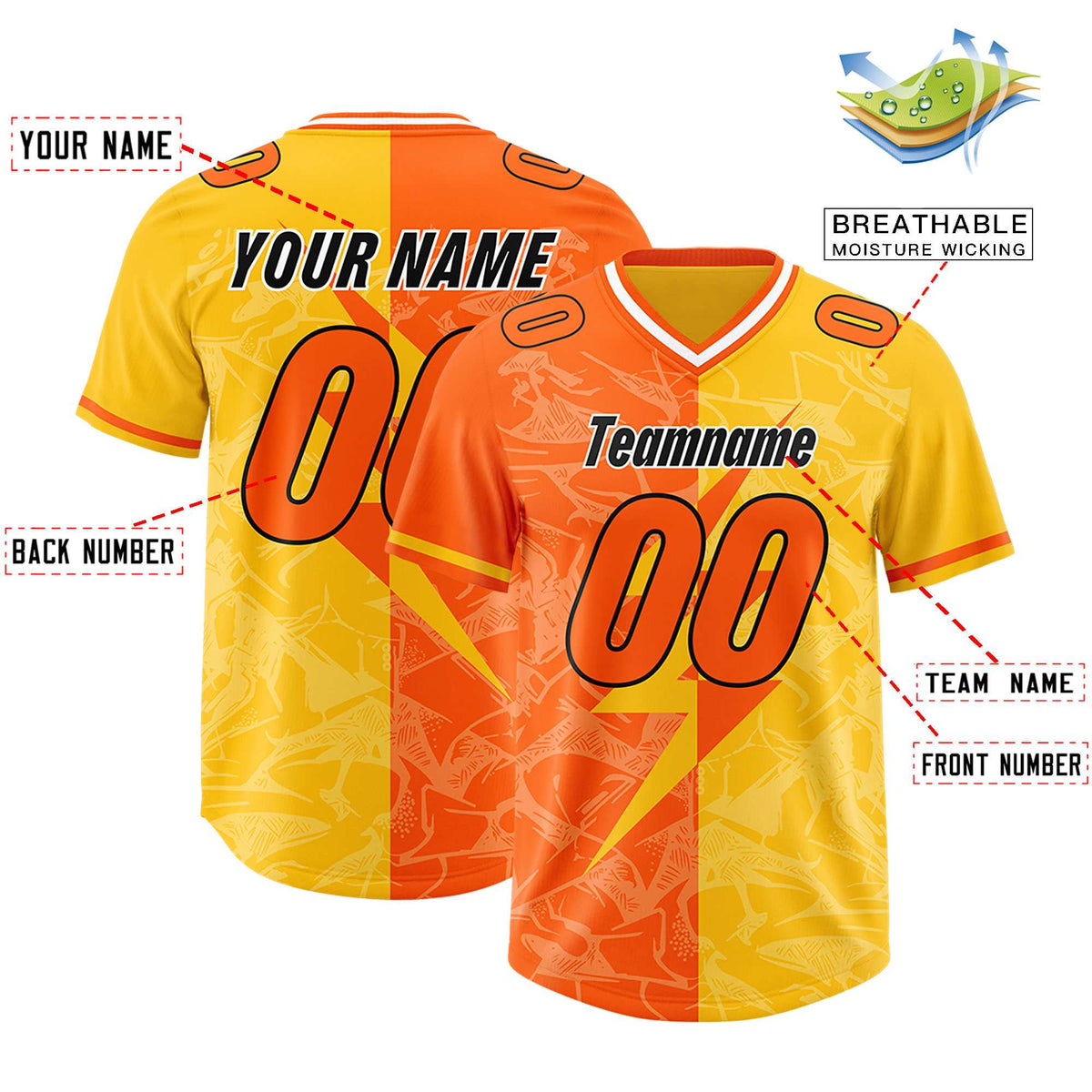 Custom Orange Yellow Split Personalized Lightning Pattern Football Jersey