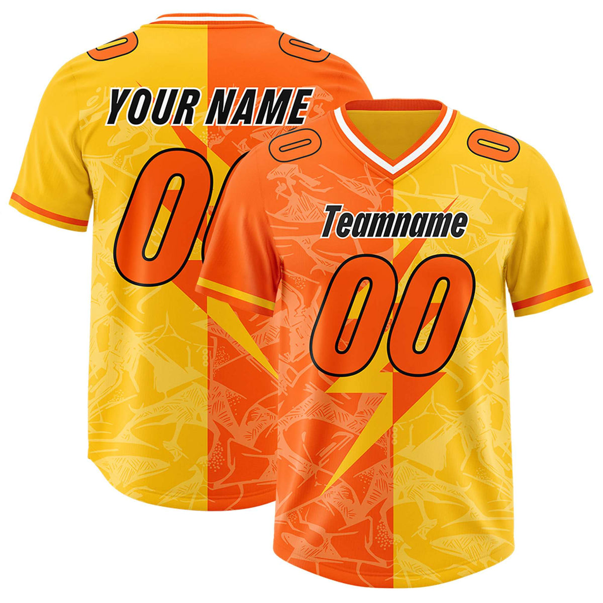 Custom Orange Yellow Split Personalized Lightning Pattern Football Jersey
