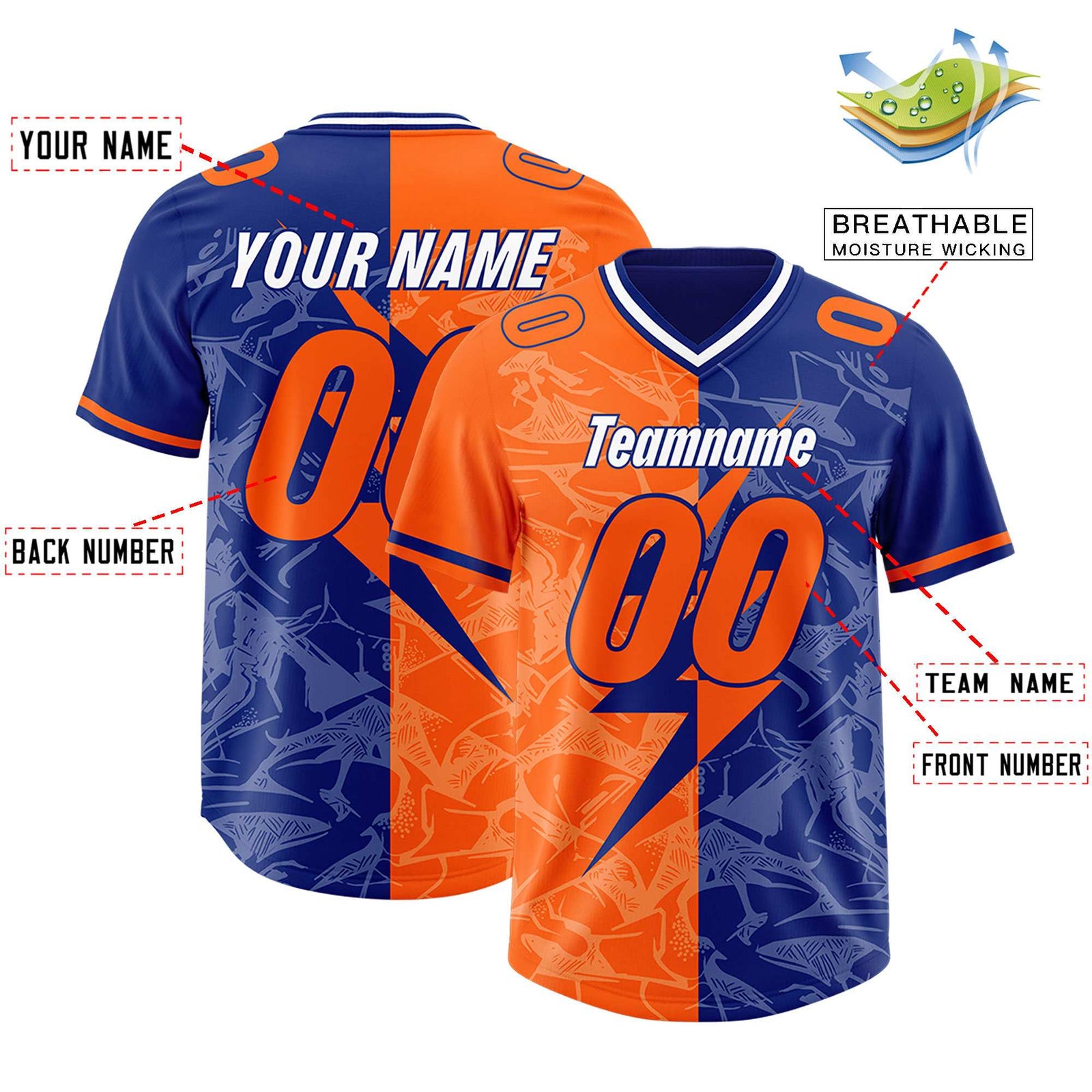 Custom Orange Royal Split Personalized Lightning Pattern Football Jersey