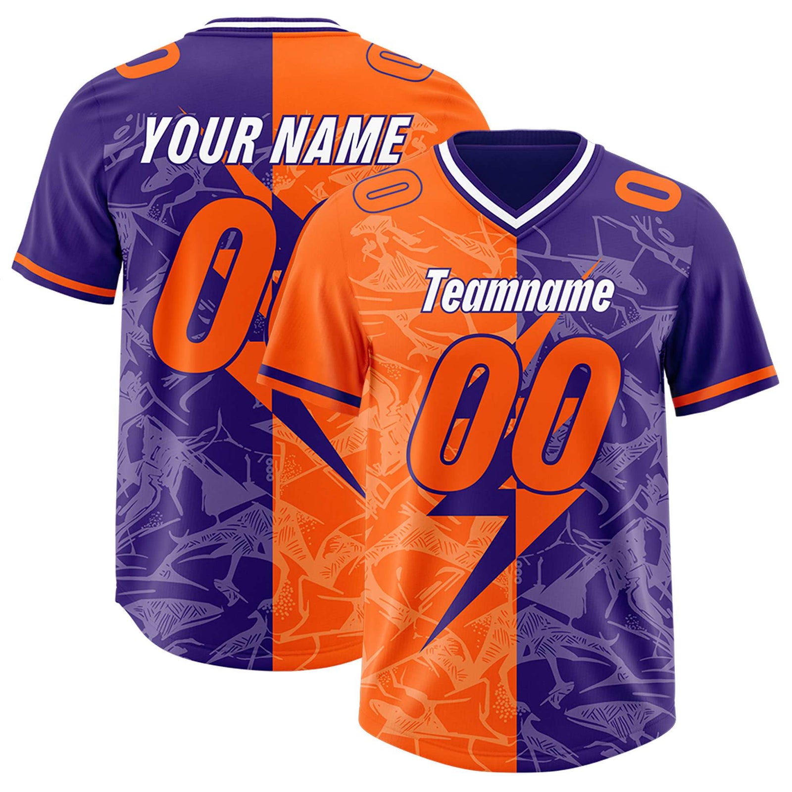 Custom Orange Purple Split Personalized Lightning Pattern Football Jersey