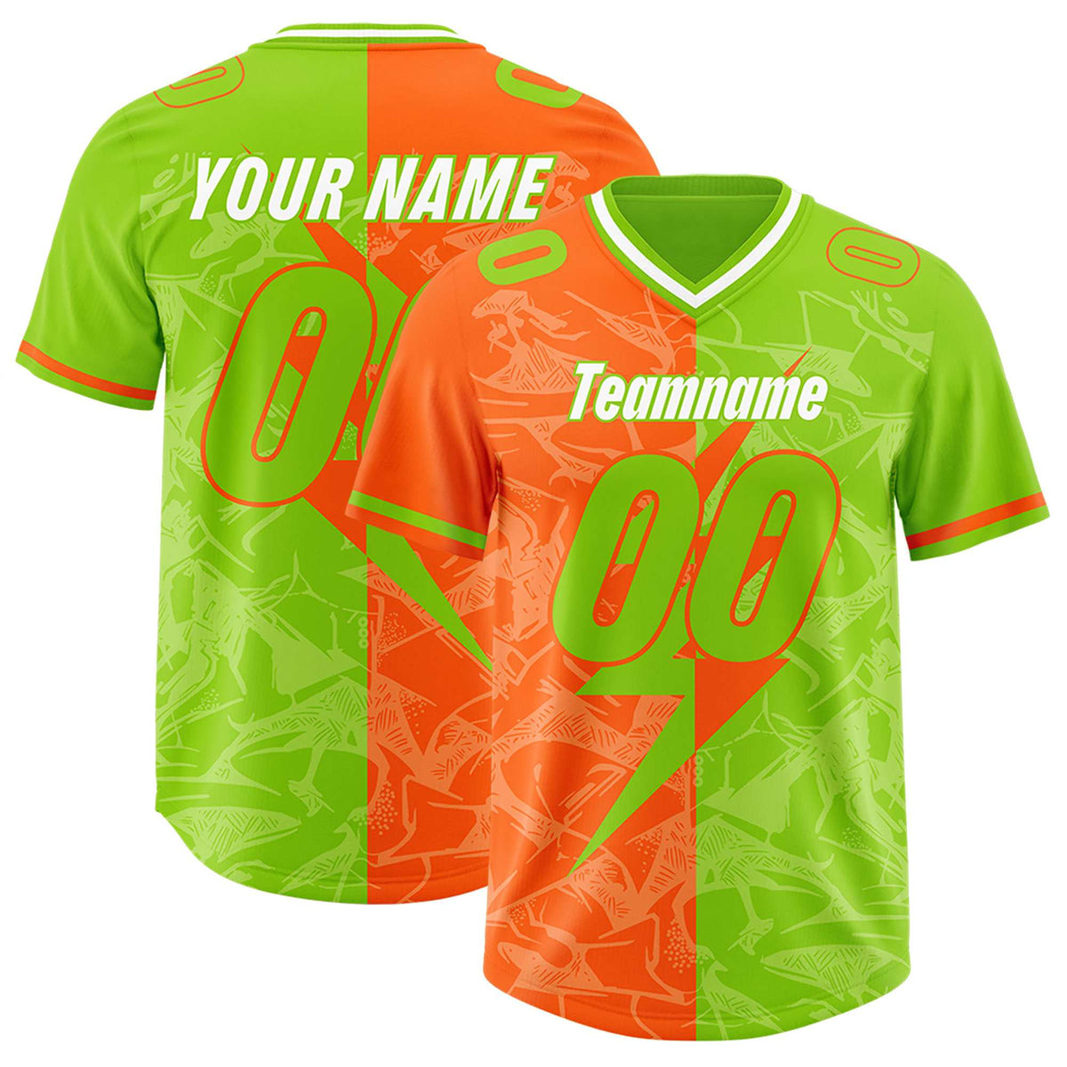 Custom Neon Green Orange Split Personalized Lightning Pattern Football Jersey