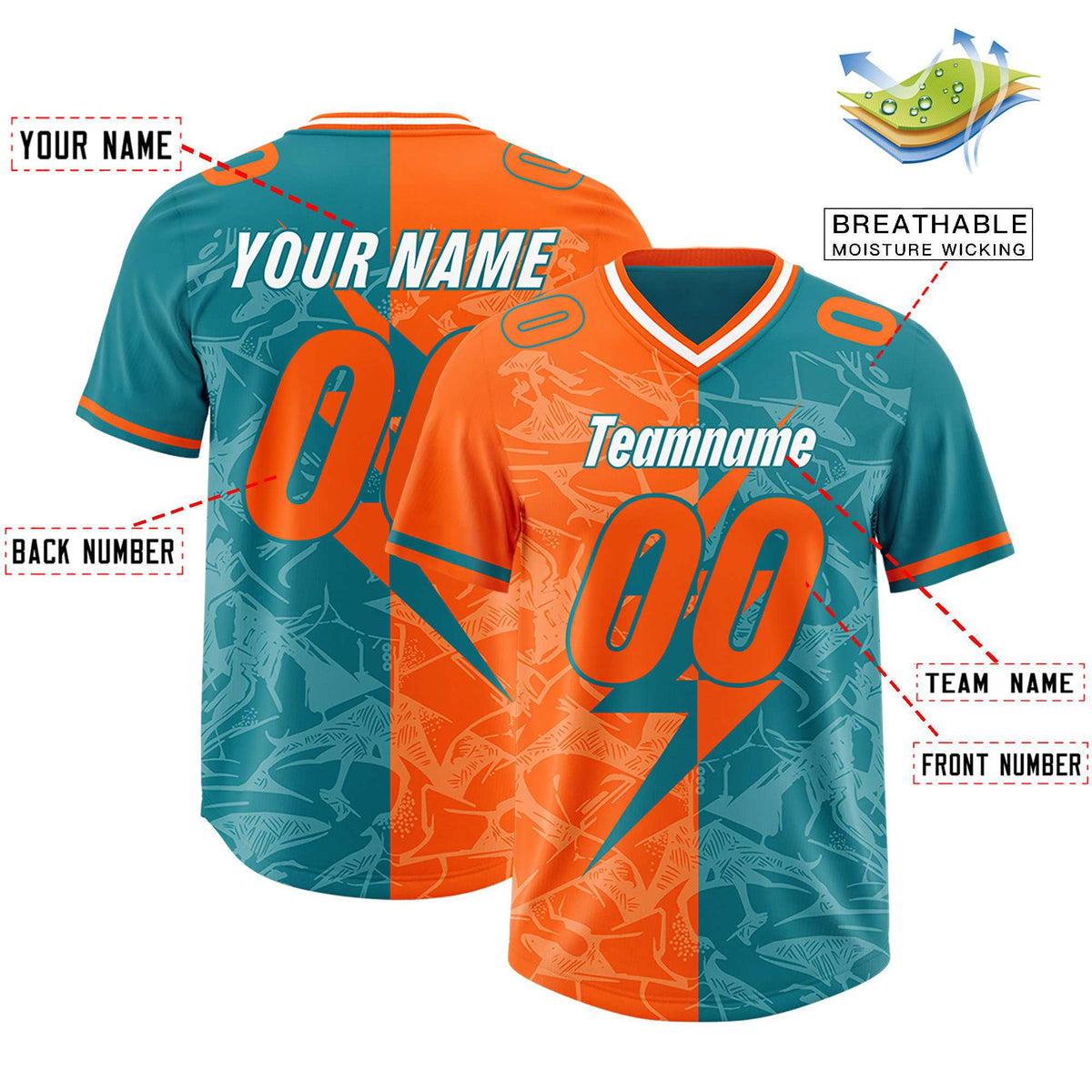 Custom Aqua Orange Split Personalized Lightning Pattern Football Jersey