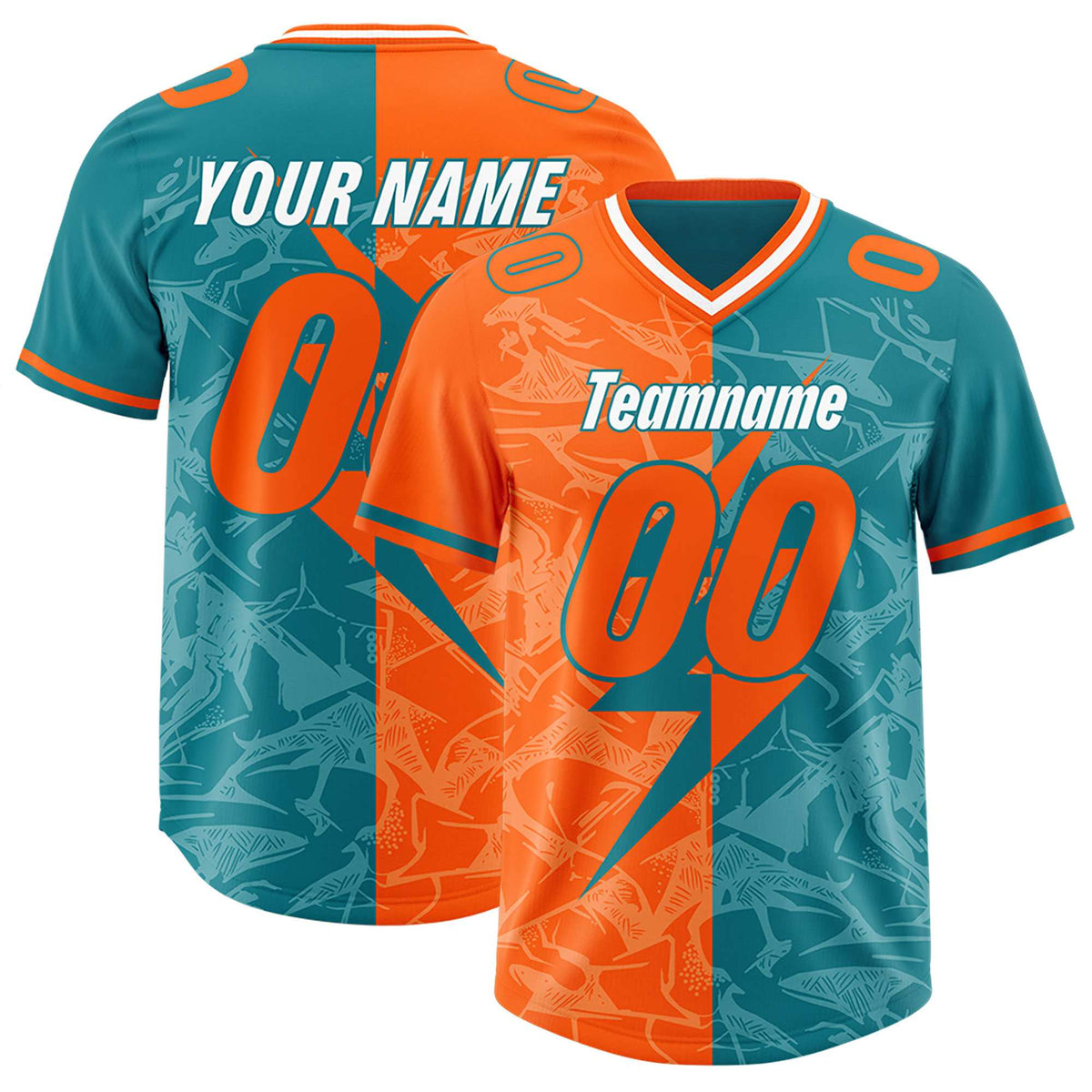 Custom Aqua Orange Split Personalized Lightning Pattern Football Jersey