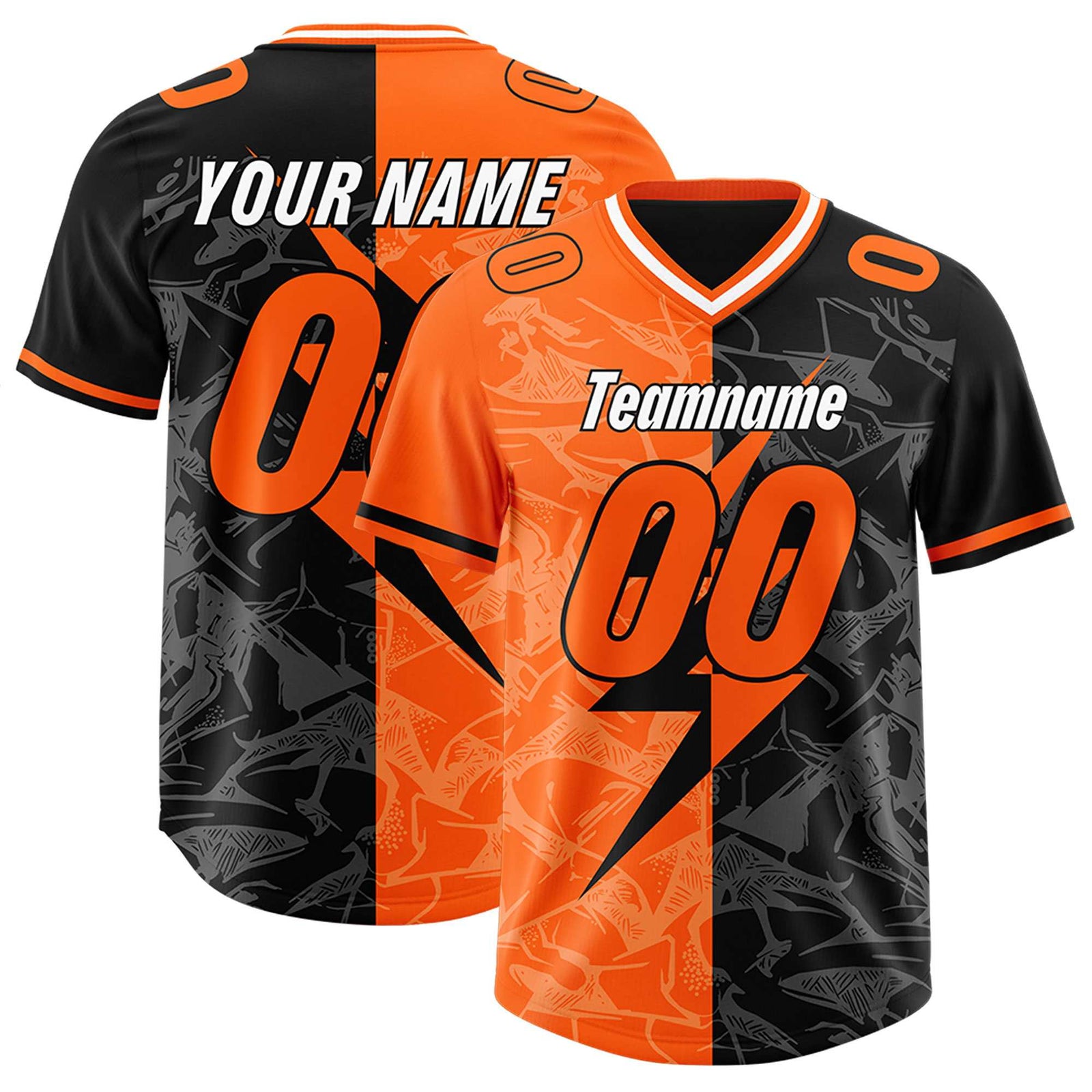Custom Black Orange Split Personalized Lightning Pattern Football Jersey