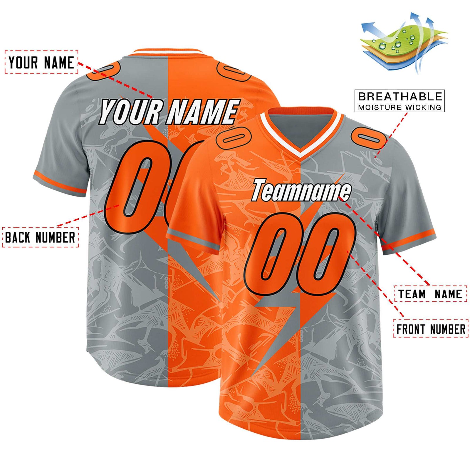 Custom Grey Orange Split Personalized Lightning Pattern Football Jersey