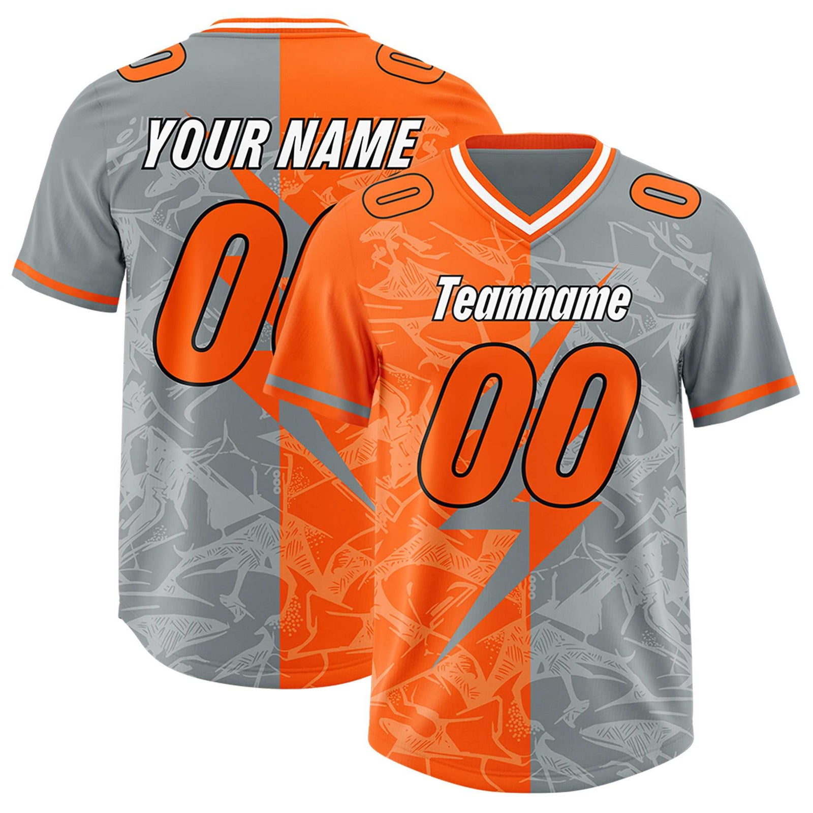 Custom Grey Orange Split Personalized Lightning Pattern Football Jersey