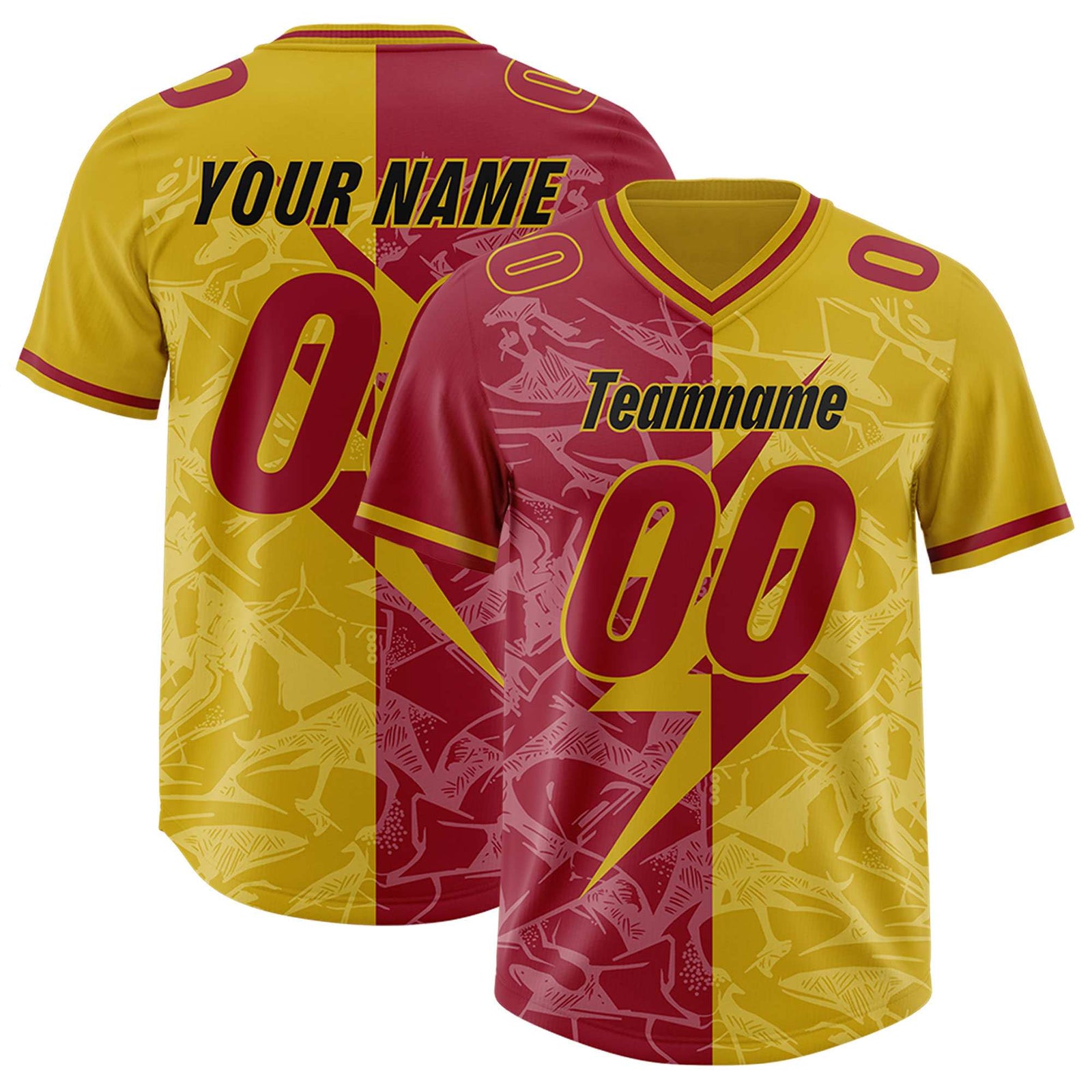 Custom Old Gold Cardinal Split Personalized Lightning Pattern Football Jersey