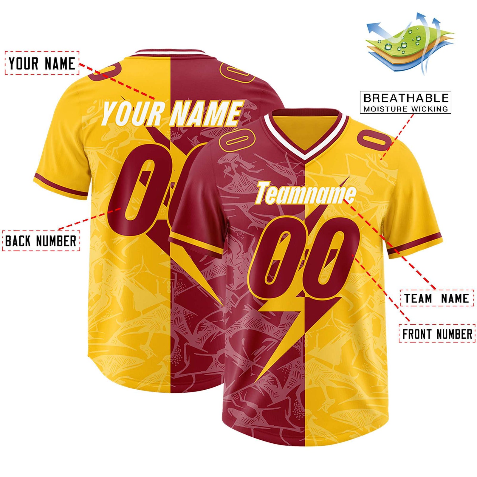 Custom Yellow Cardinal Split Personalized Lightning Pattern Football Jersey