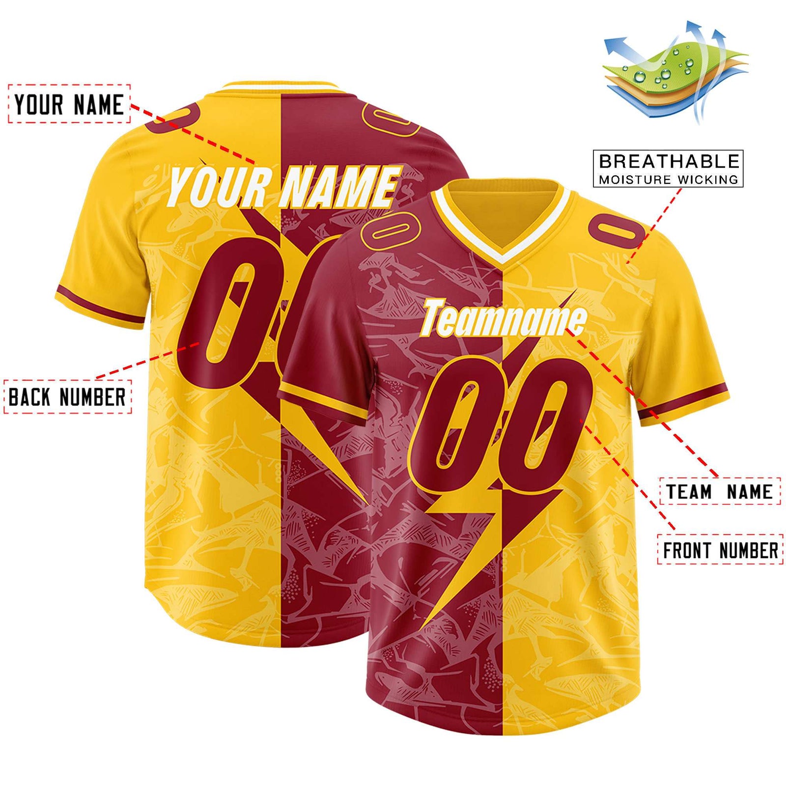 Custom Yellow Cardinal Split Personalized Lightning Pattern Football Jersey
