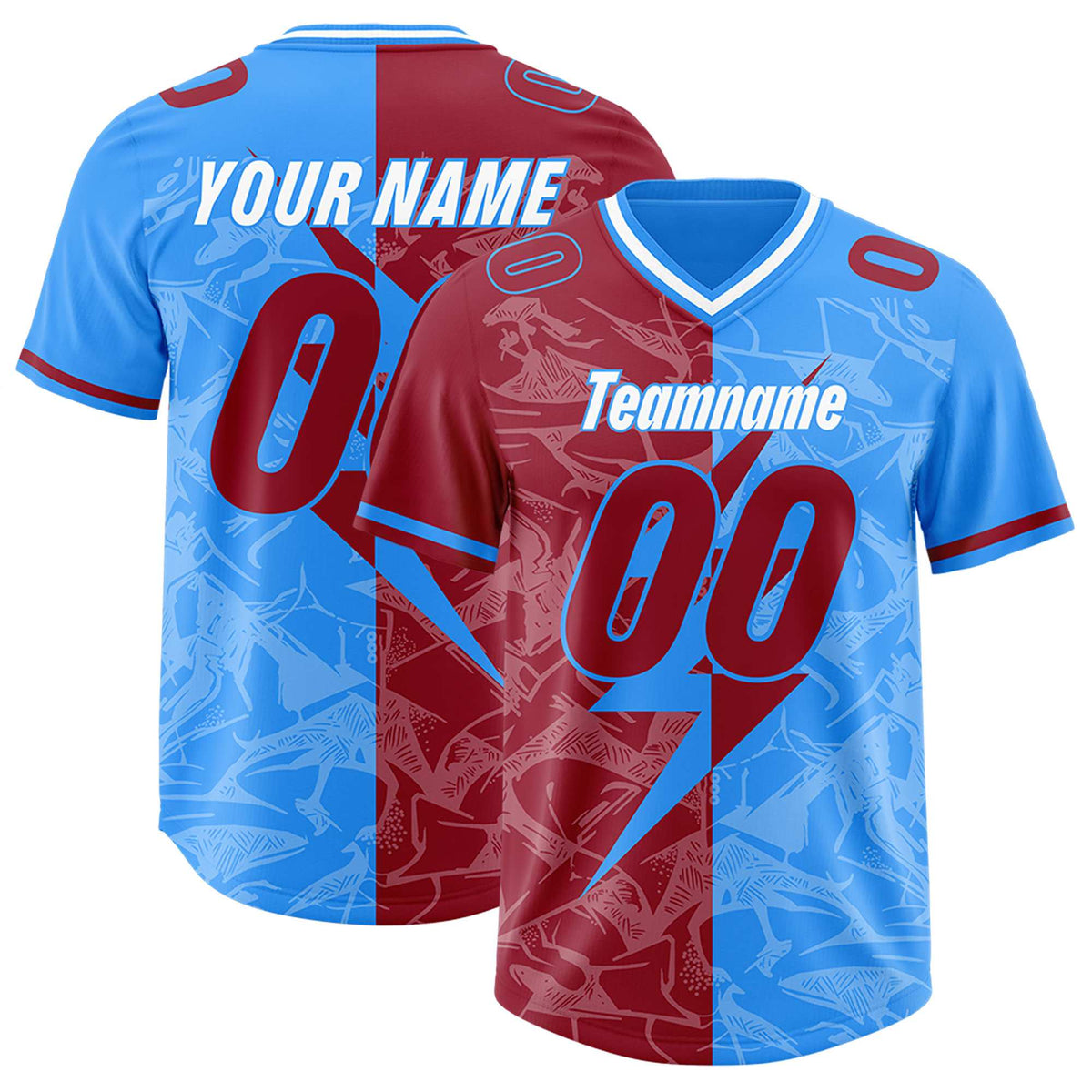 Custom Light Blue Cardinal Split Personalized Lightning Pattern Football Jersey