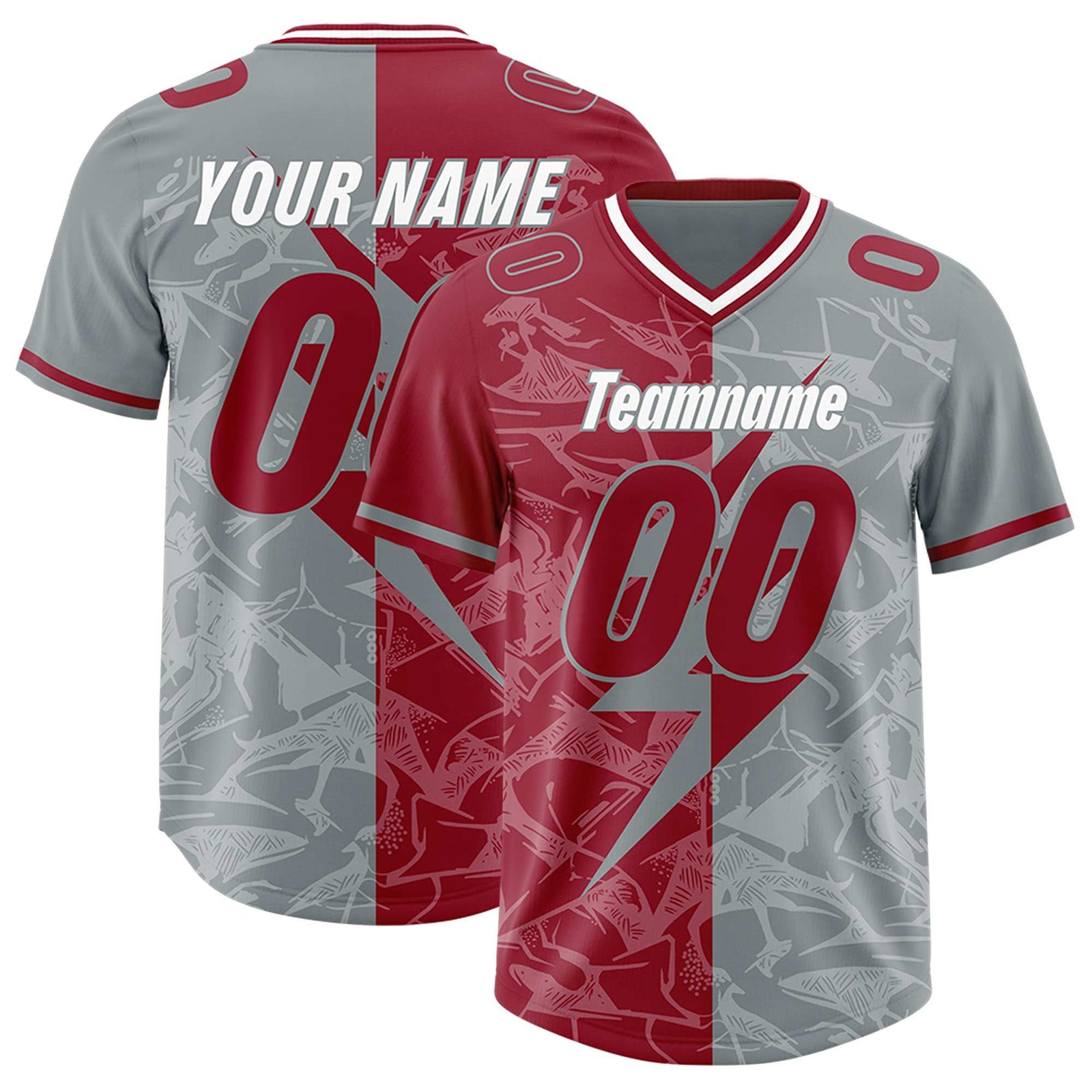 Custom Gray Cardinal Split Personalized Lightning Pattern Football Jersey