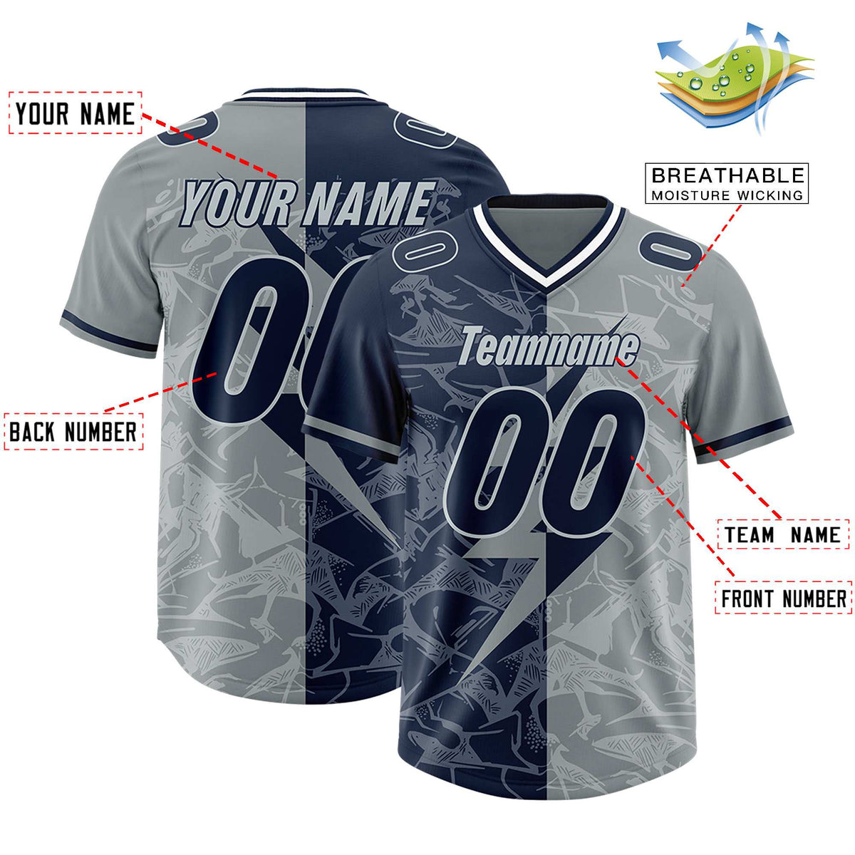 Custom Navy Gray Split Personalized Lightning Pattern Football Jersey