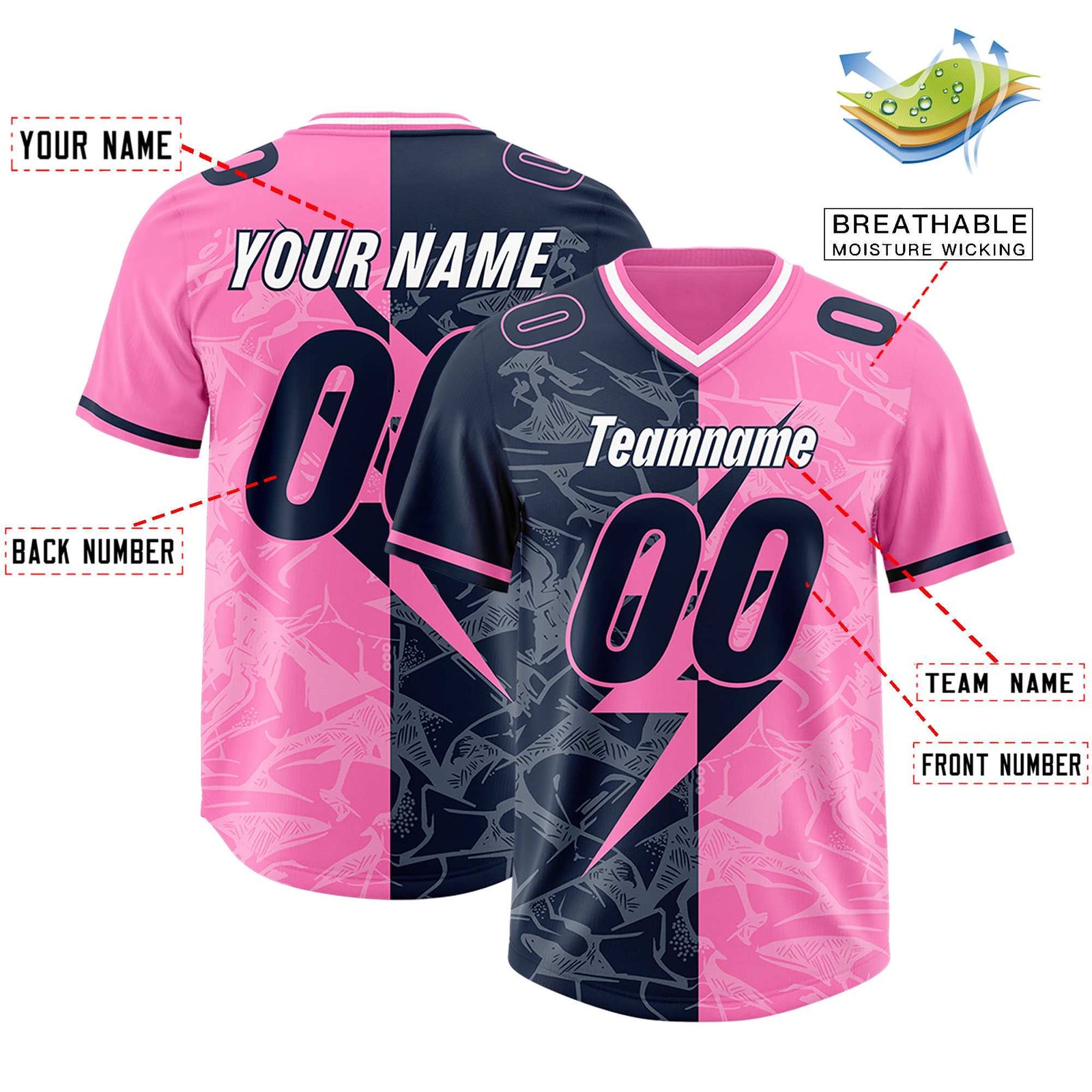 Custom Pink Navy Split Personalized Lightning Pattern Football Jersey