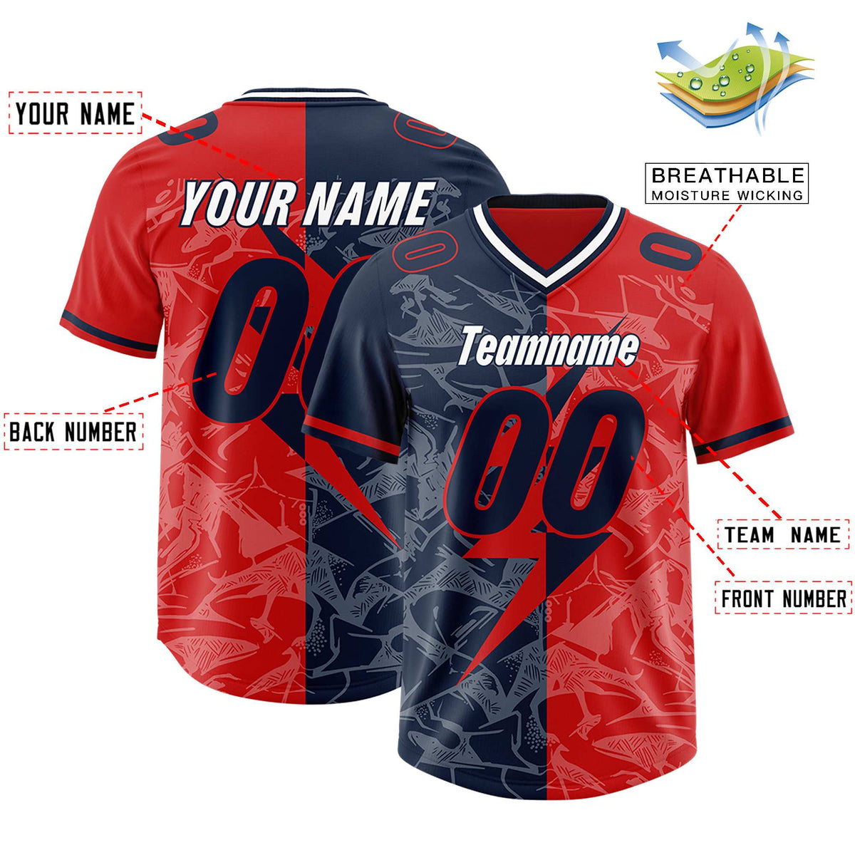 Custom Red Navy Split Personalized Lightning Pattern Football Jersey