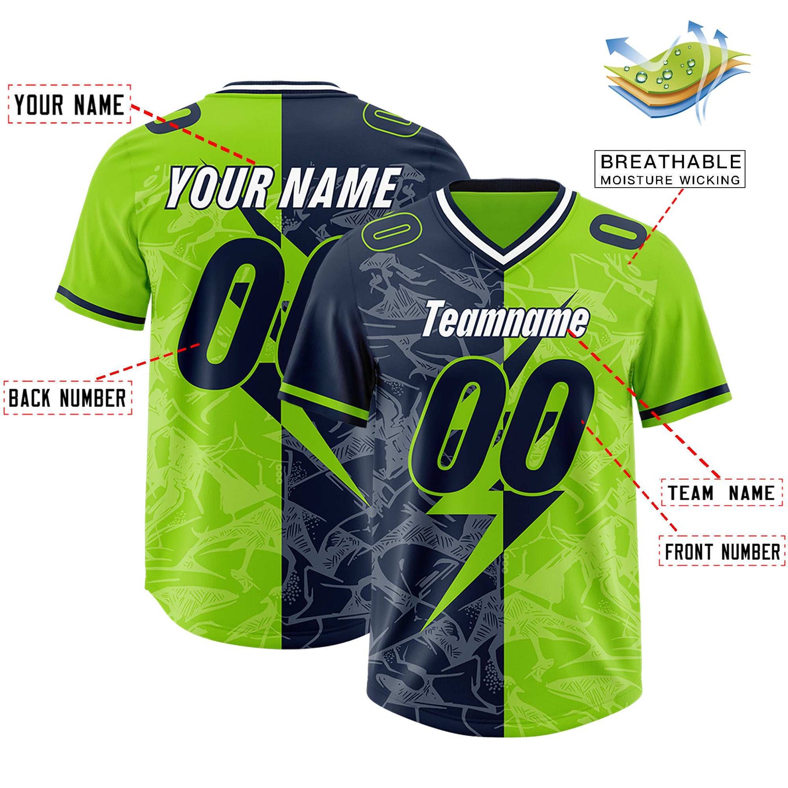 Custom Neon Green Navy Split Personalized Lightning Pattern Football Jersey