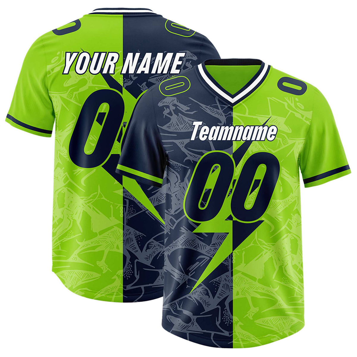 Custom Neon Green Navy Split Personalized Lightning Pattern Football Jersey