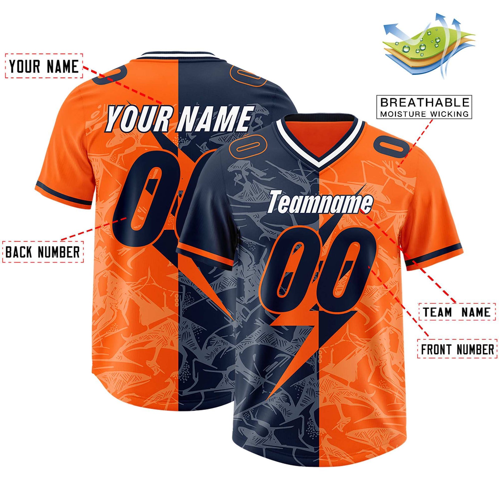 Custom Orange Navy Split Personalized Lightning Pattern Football Jersey