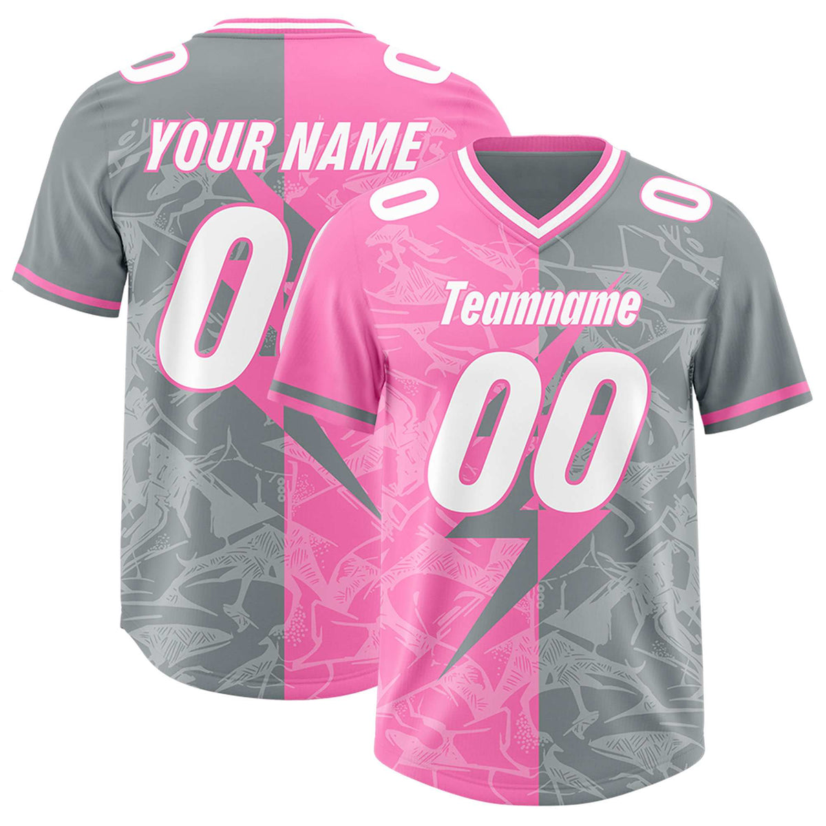 Custom Gray Pink Split Personalized Lightning Pattern Football Jersey