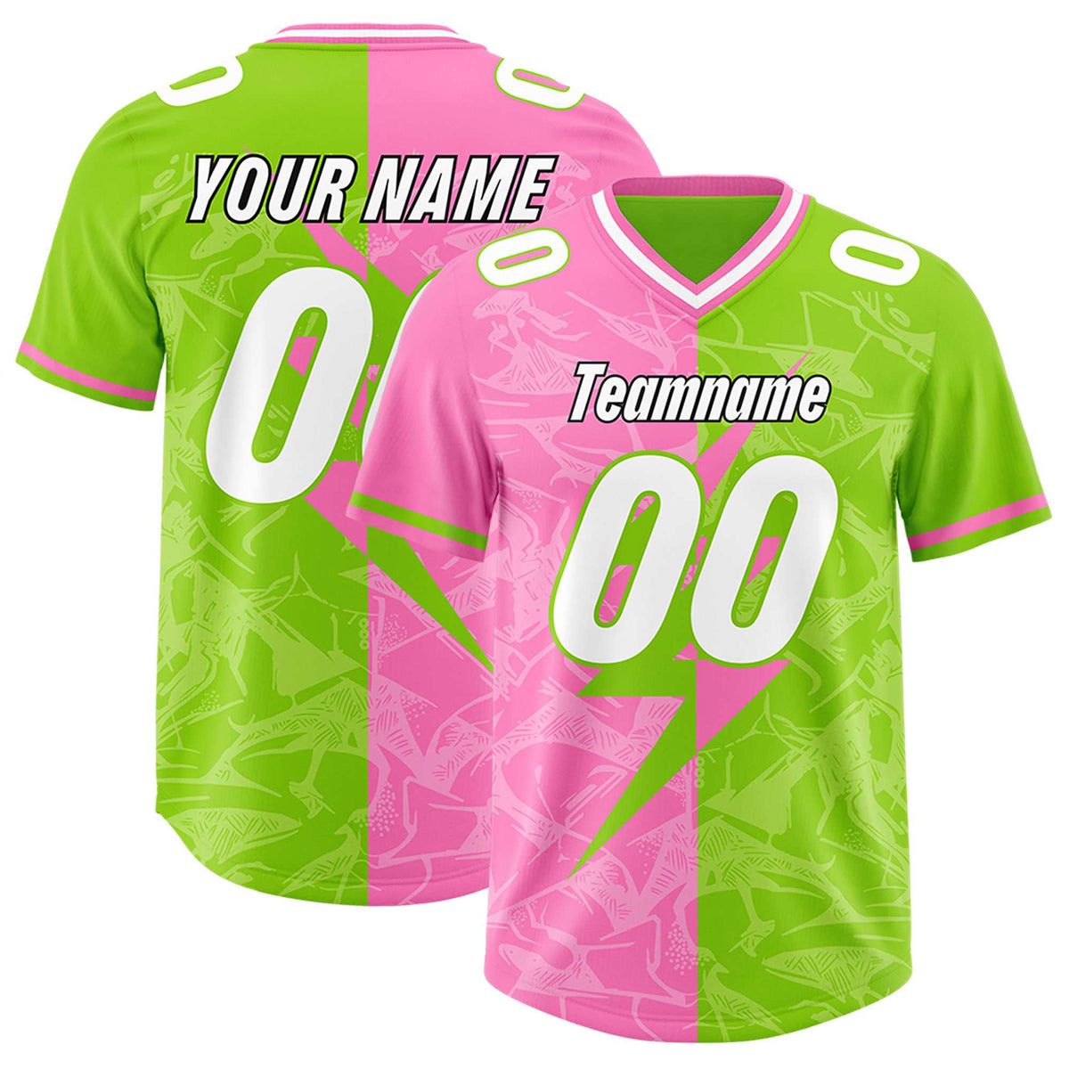Custom Neon Green Pink Split Personalized Lightning Pattern Football Jersey
