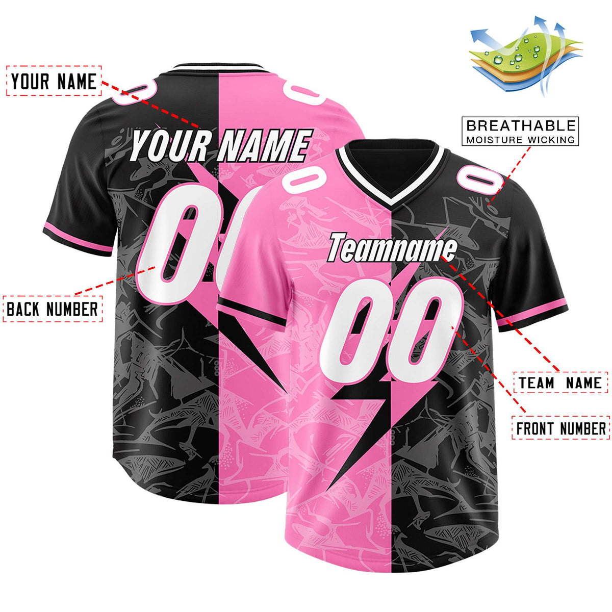 Custom Black Pink Split Personalized Lightning Pattern Football Jersey