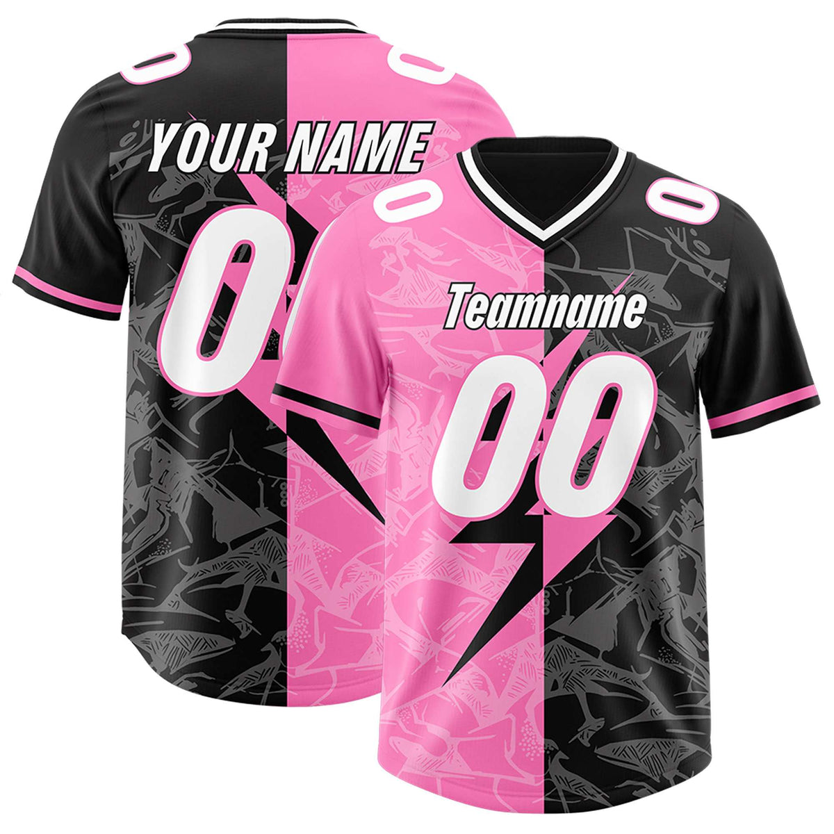 Custom Black Pink Split Personalized Lightning Pattern Football Jersey