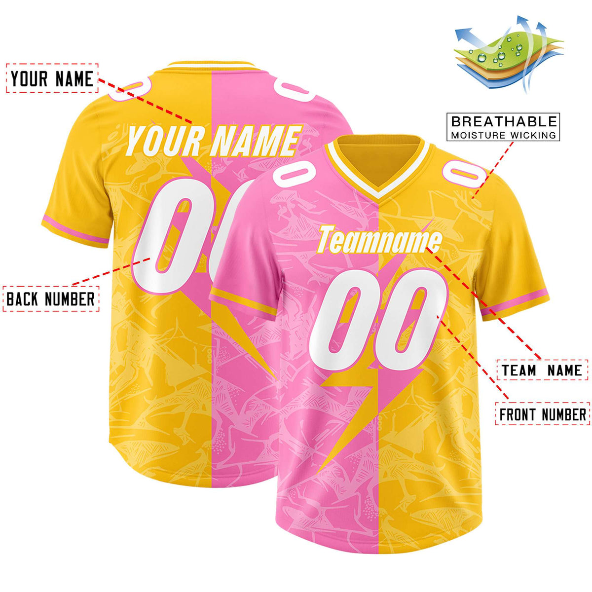 Custom Yellow Pink Split Personalized Lightning Pattern Football Jersey