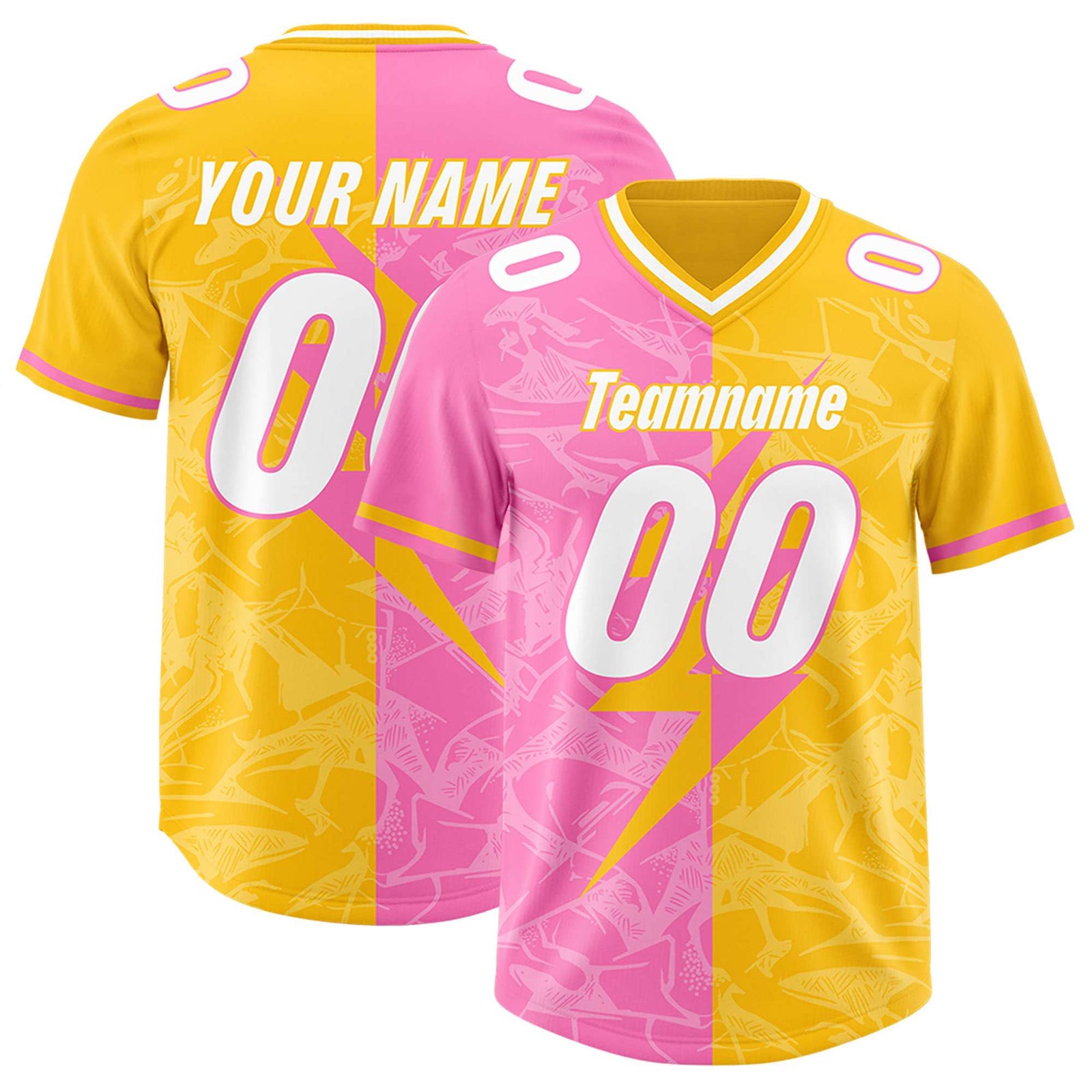 Custom Yellow Pink Split Personalized Lightning Pattern Football Jersey