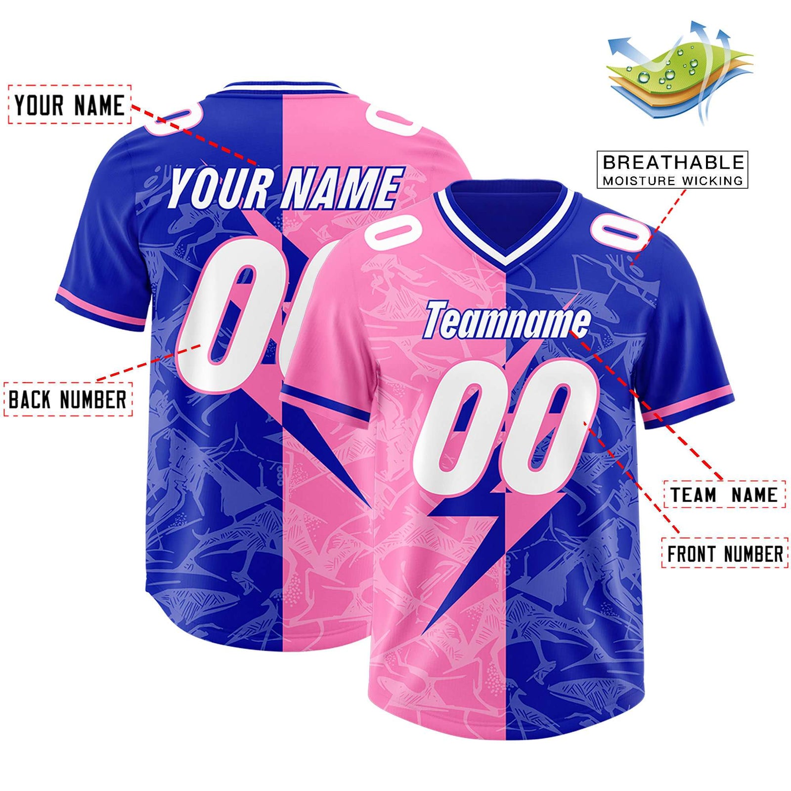 Custom Royal Pink Split Personalized Lightning Pattern Football Jersey