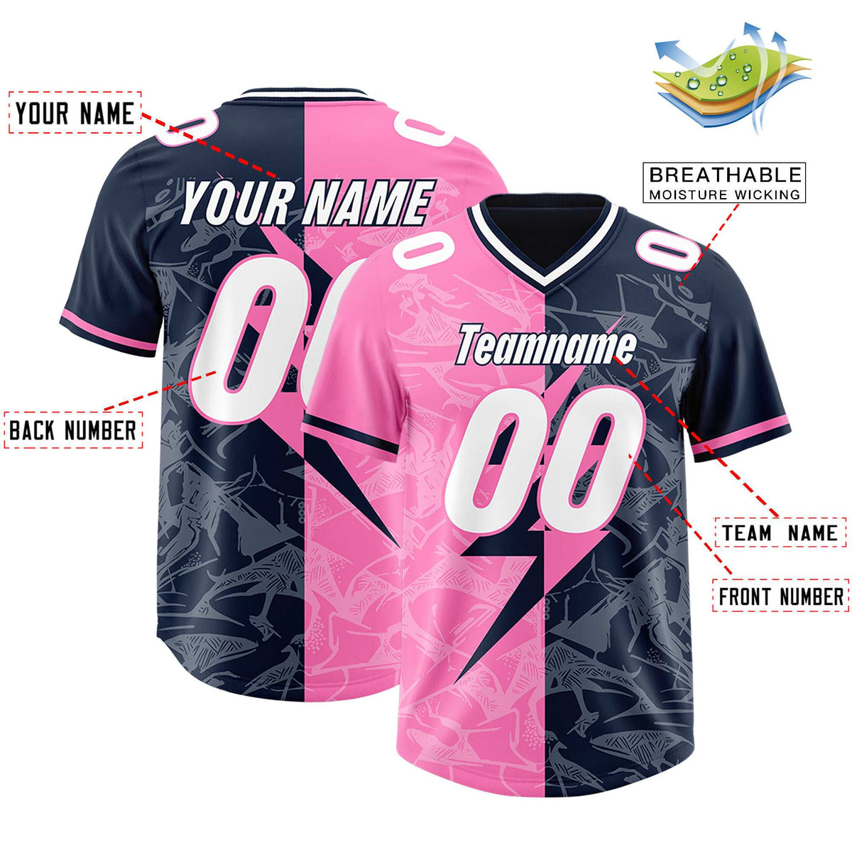 Custom Navy Pink Split Personalized Lightning Pattern Football Jersey