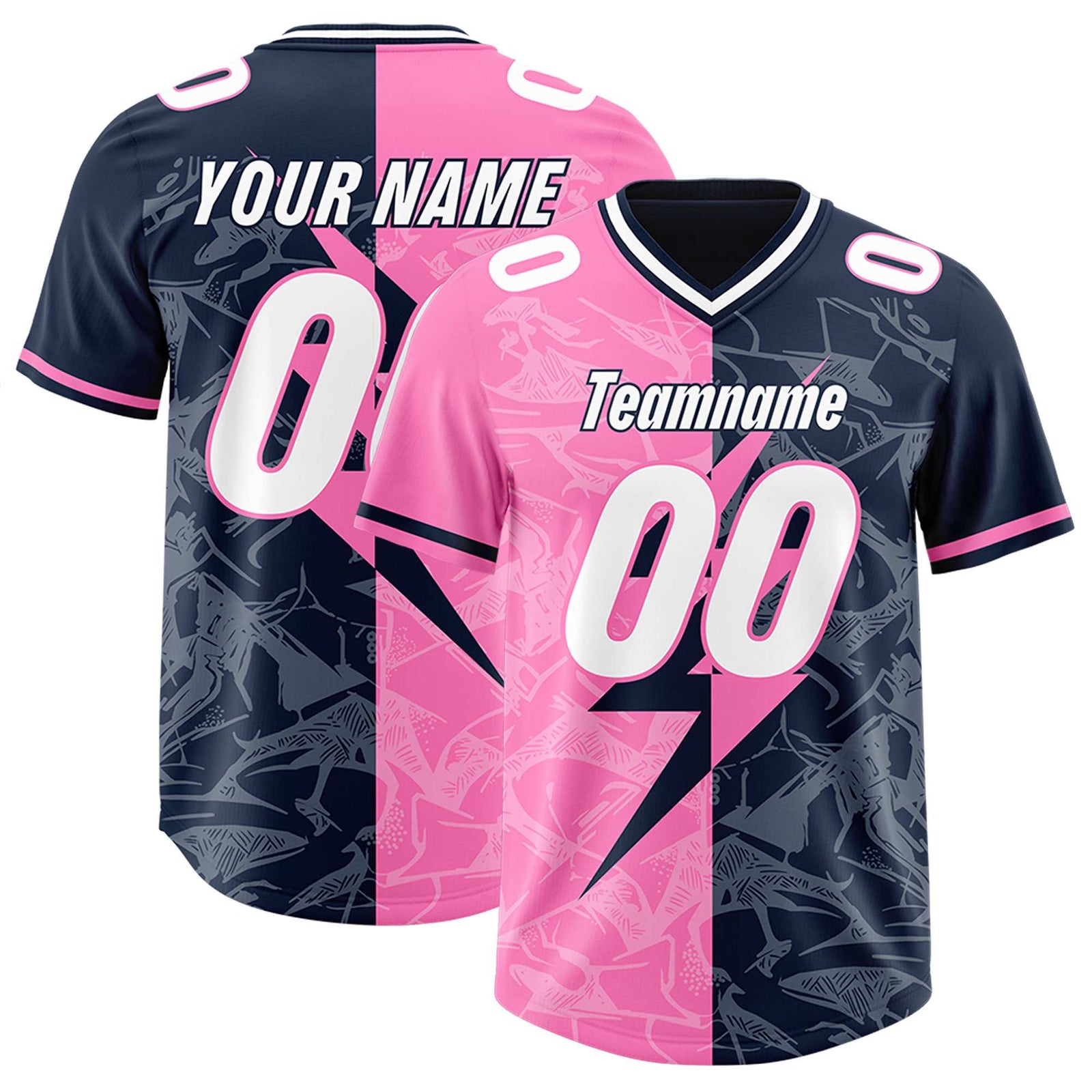Custom Navy Pink Split Personalized Lightning Pattern Football Jersey