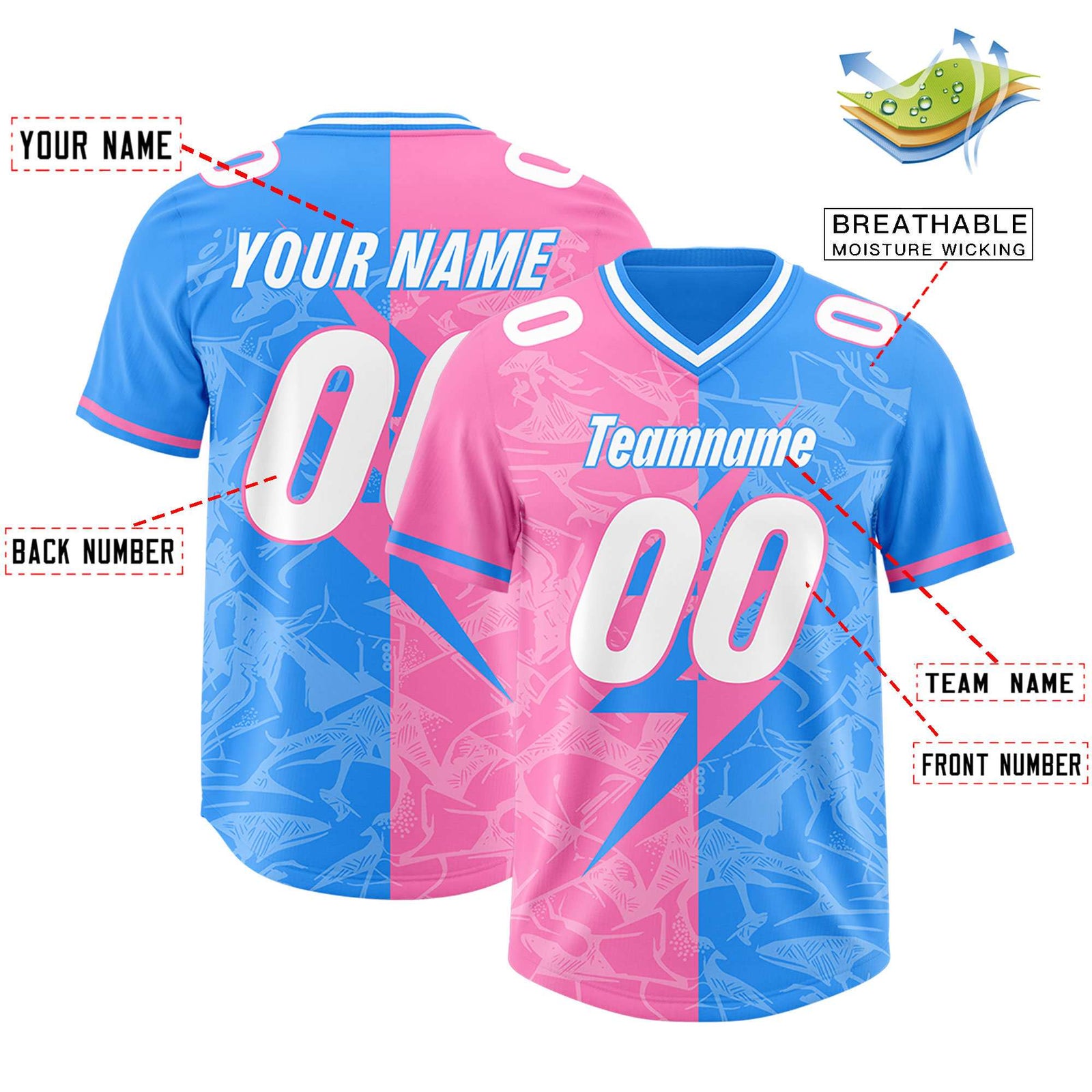 Custom Light Blue Pink Split Personalized Lightning Pattern Football Jersey
