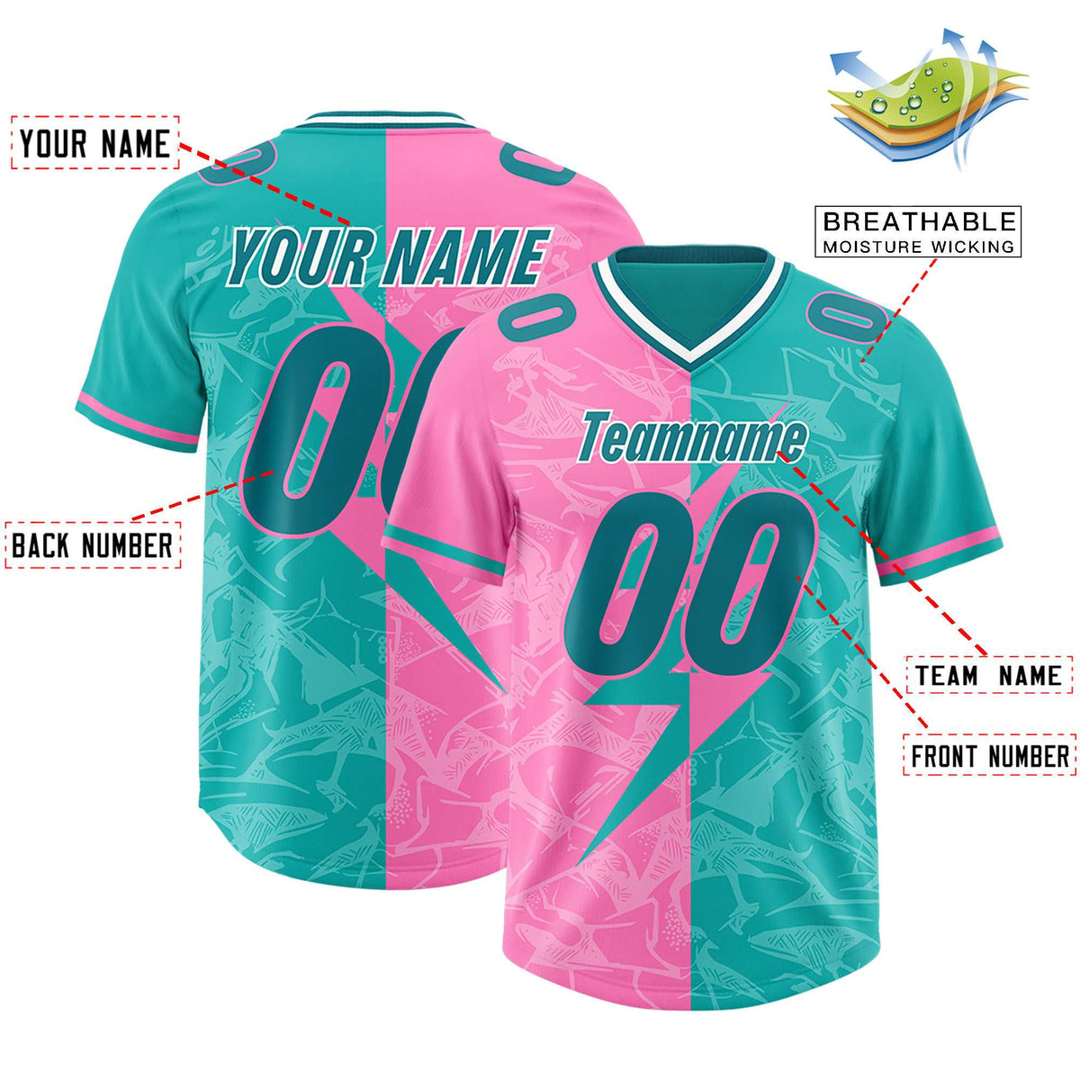 Custom Aqua Pink Split Personalized Lightning Pattern Football Jersey