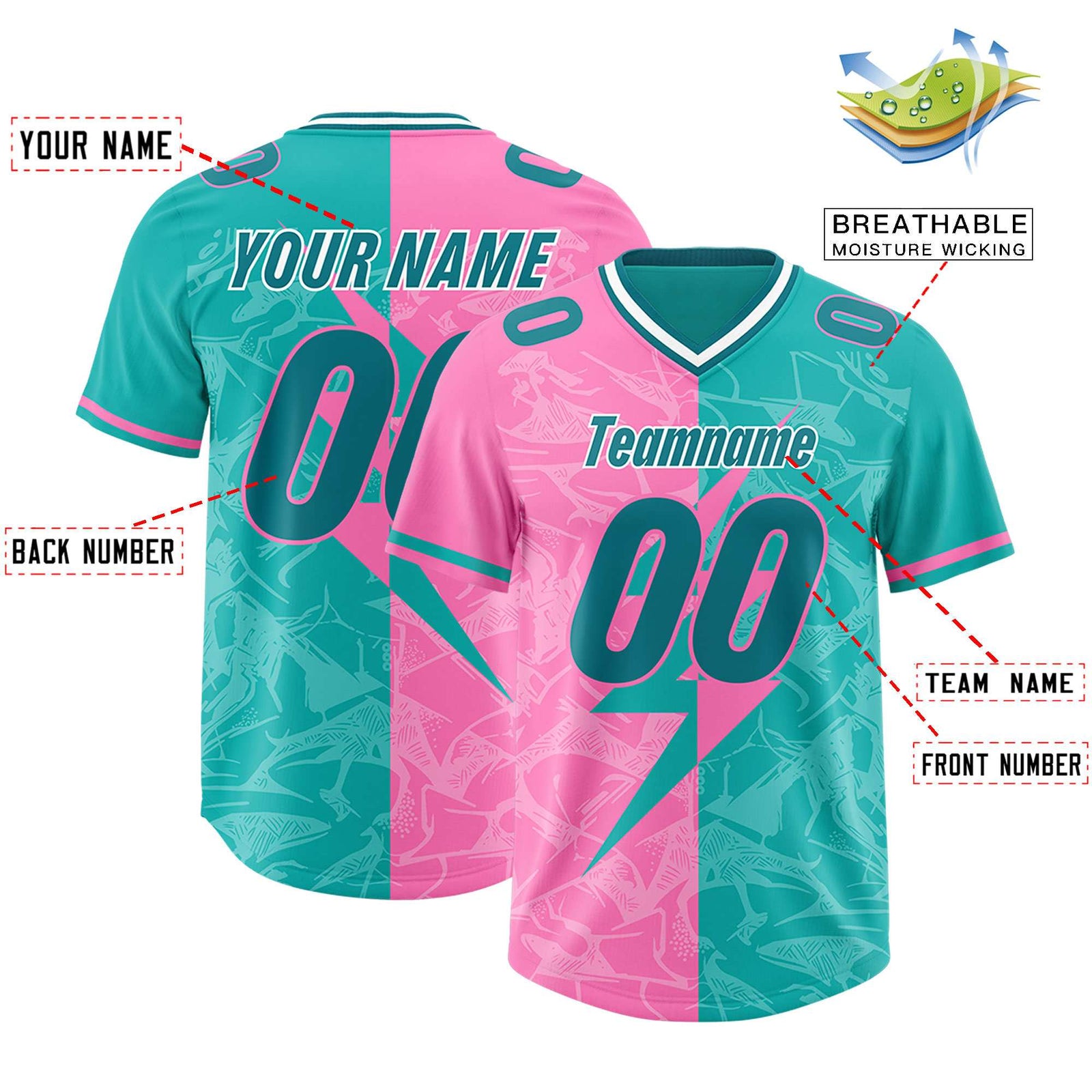 Custom Aqua Pink Split Personalized Lightning Pattern Football Jersey