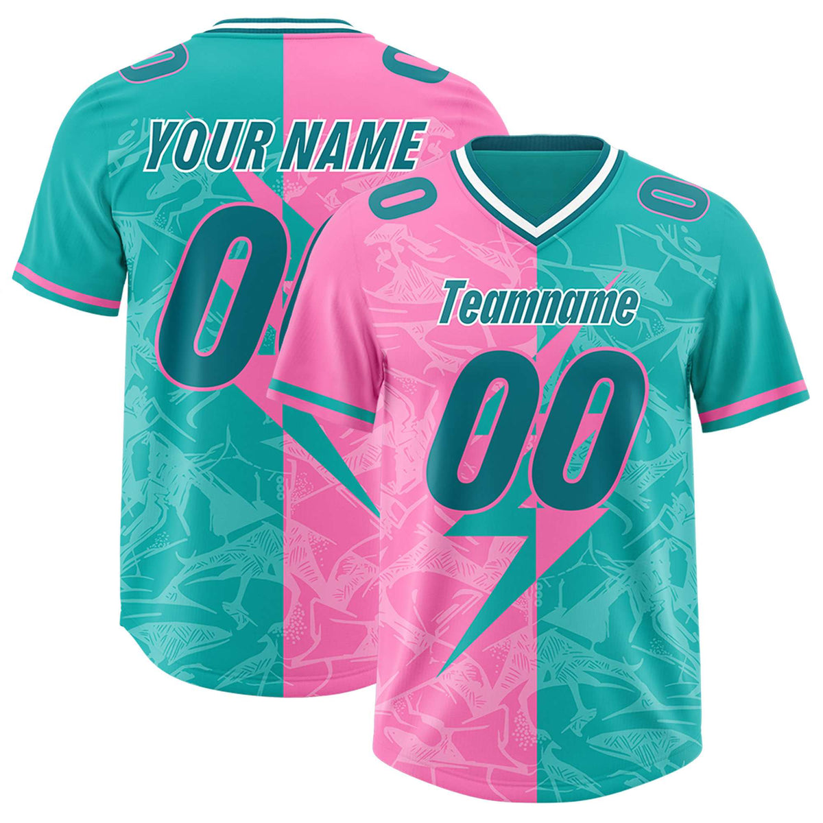 Custom Aqua Pink Split Personalized Lightning Pattern Football Jersey