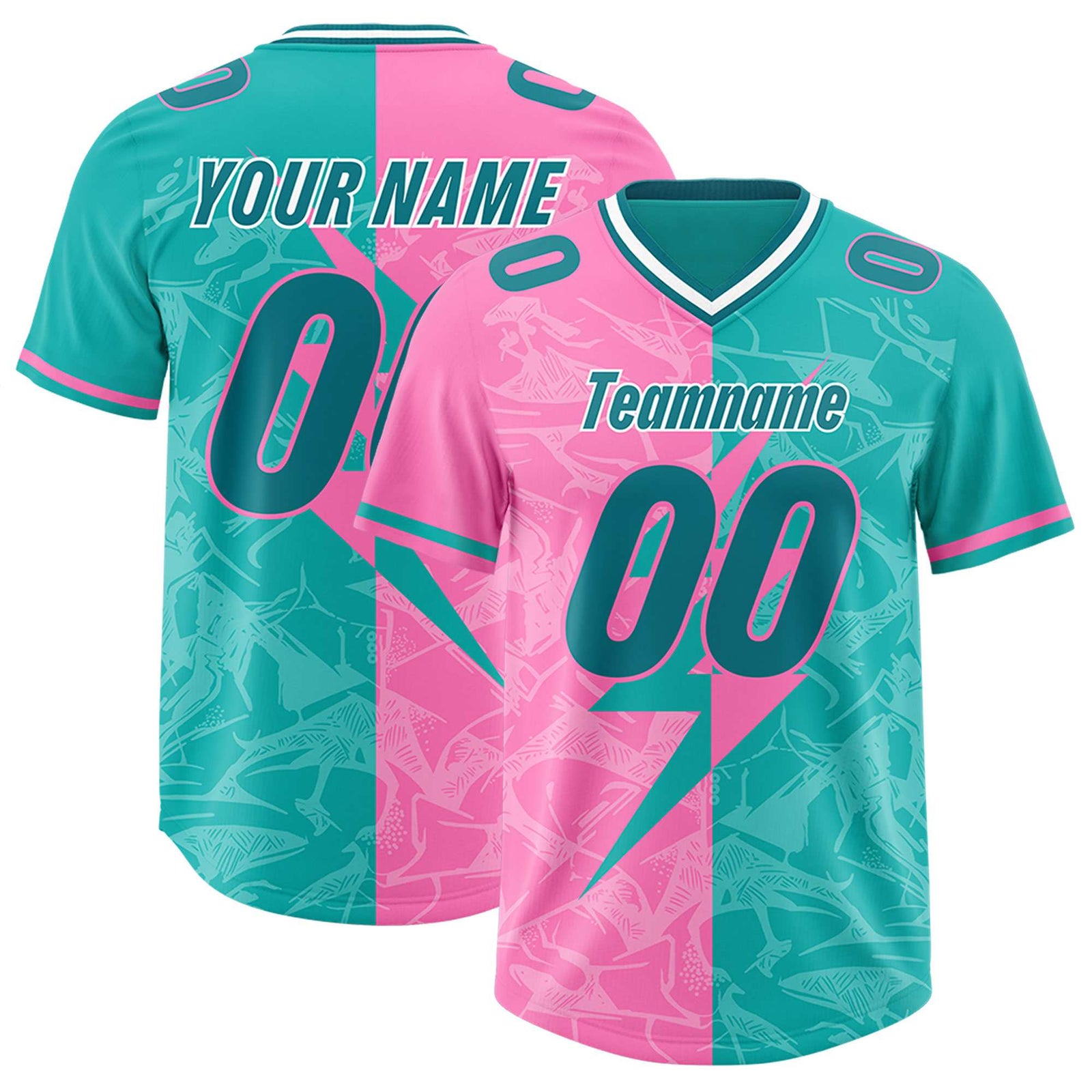 Custom Aqua Pink Split Personalized Lightning Pattern Football Jersey